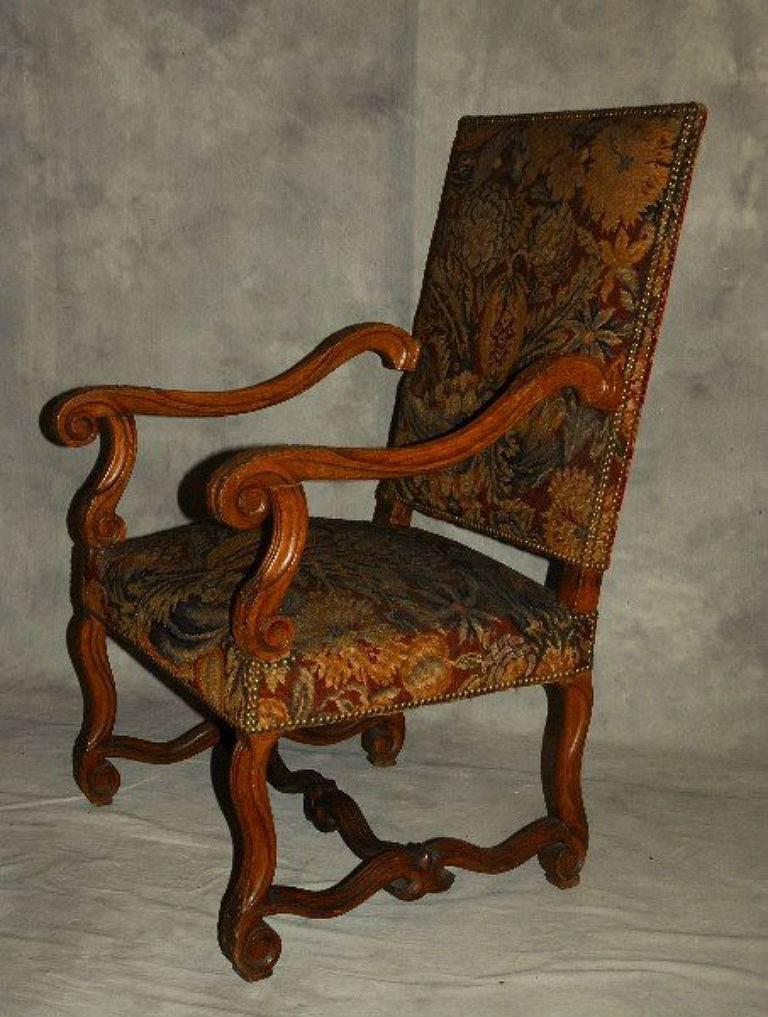 French Pair of 19th Century Louis XIV Carved Oak Open Arm Chairs