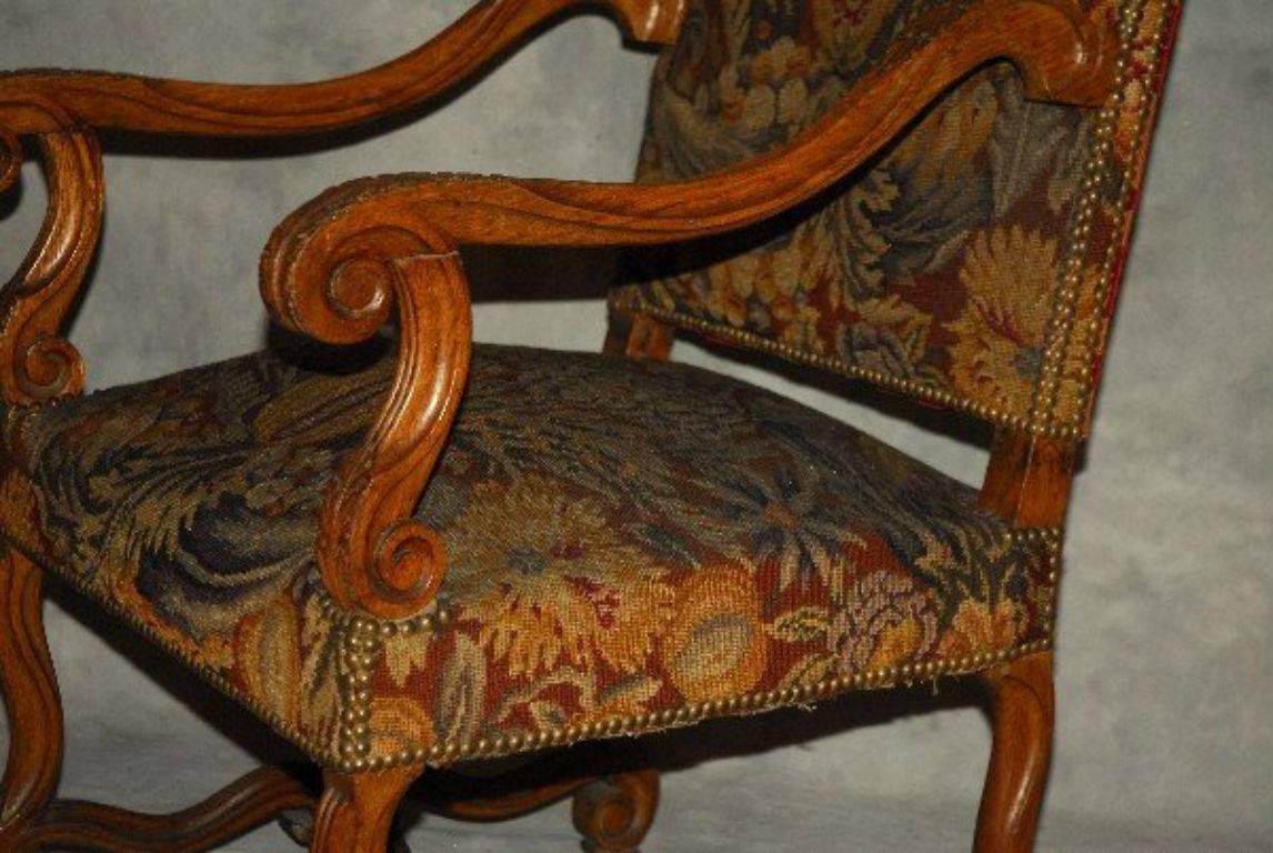 Pair of 19th Century Louis XIV Carved Oak Open Arm Chairs 1