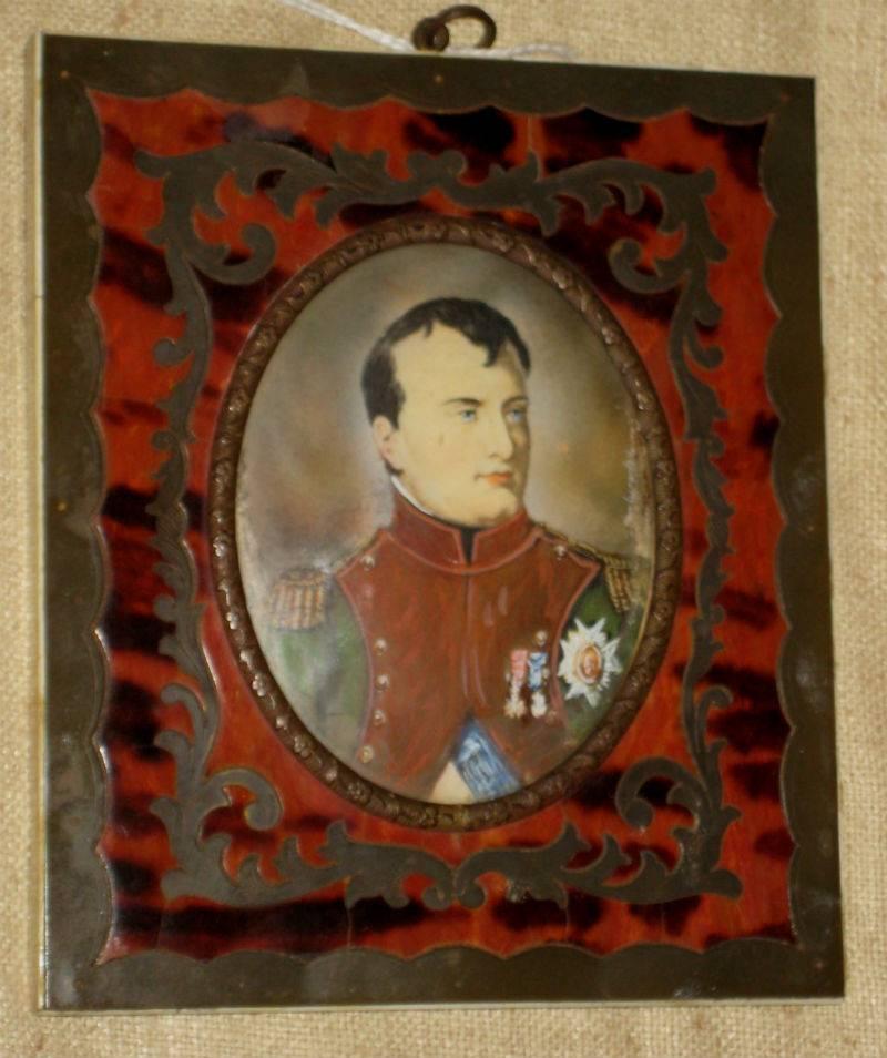 Miniature watercolor portrait of Napoleon signed Delaroche in a Boulle frame. 
Overall: 5.5