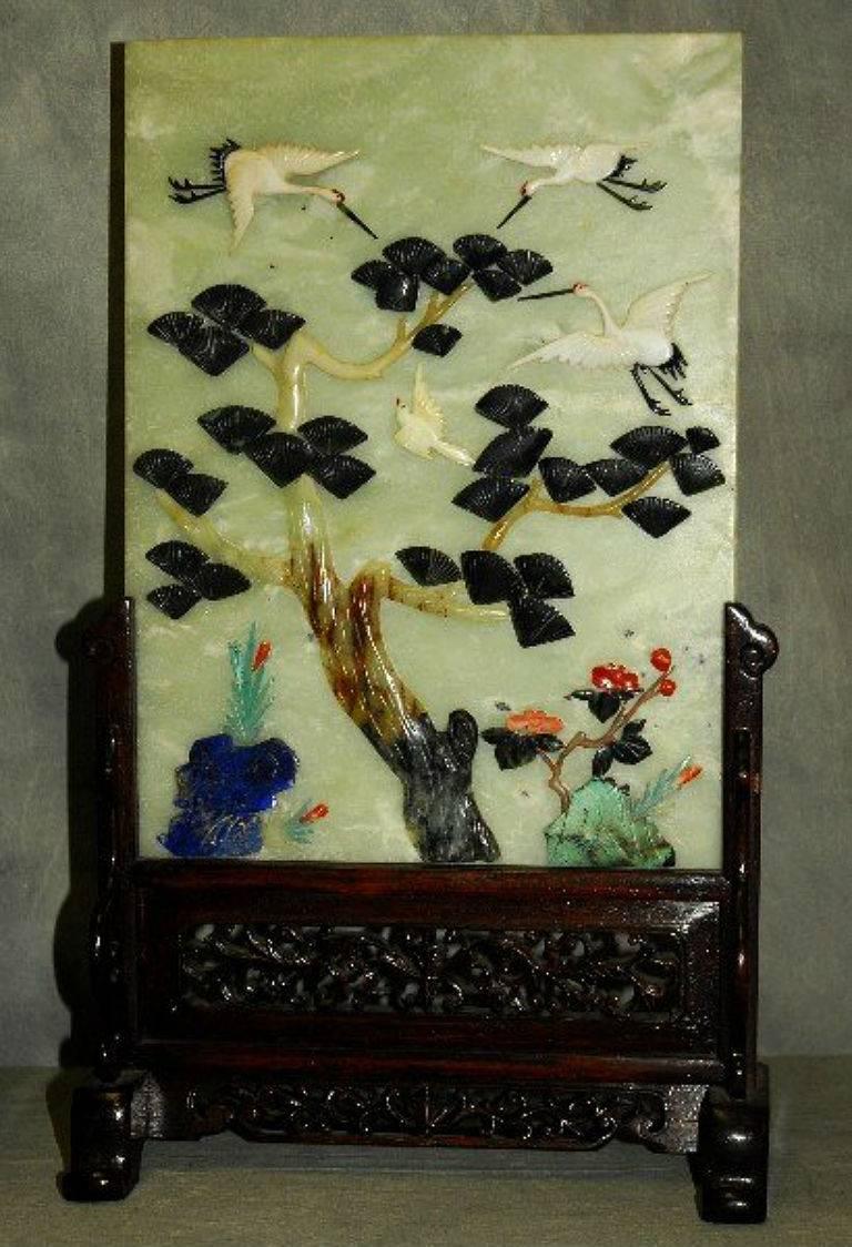 Pair of Chinese Jade, Lapis and coral table screens in carved hardwood stands. H: 16.75