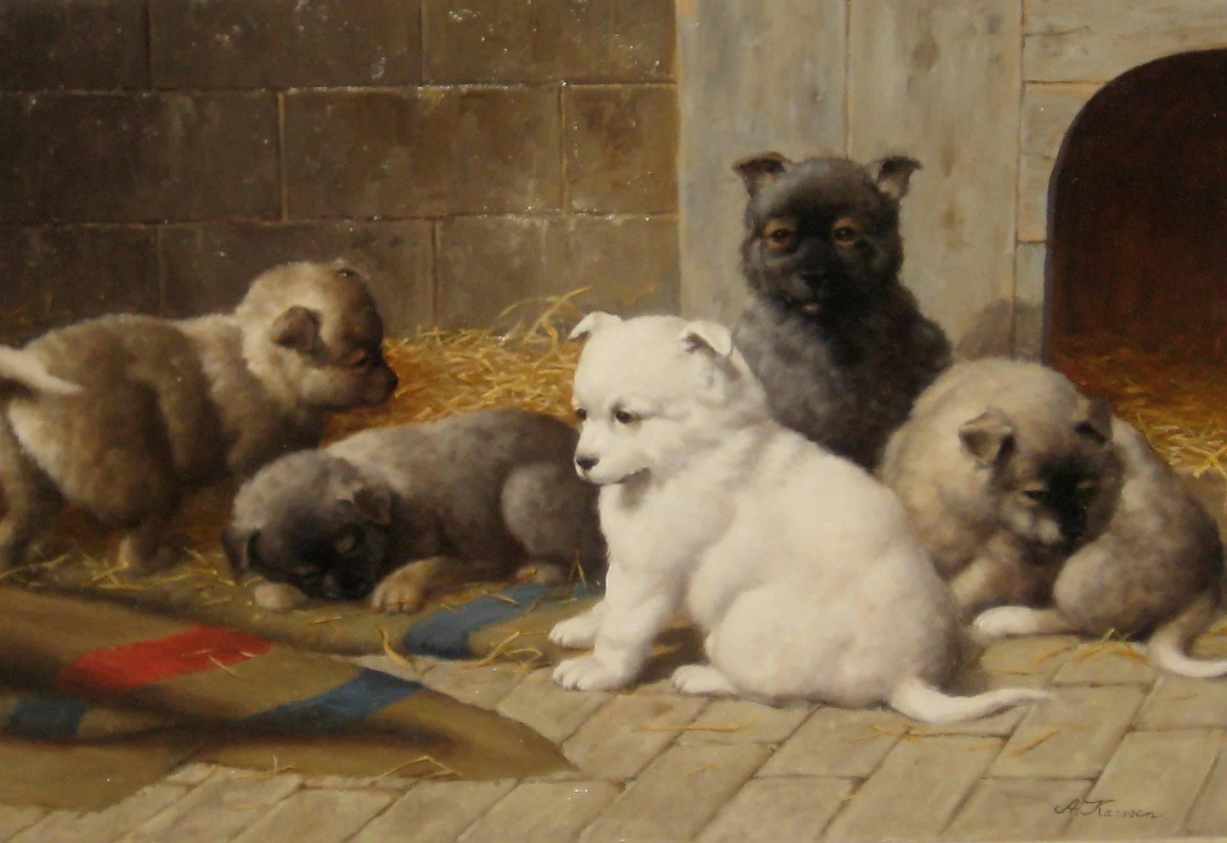 Oil on canvas of five puppies signed lower right: A. Karssen.

Overall: 28