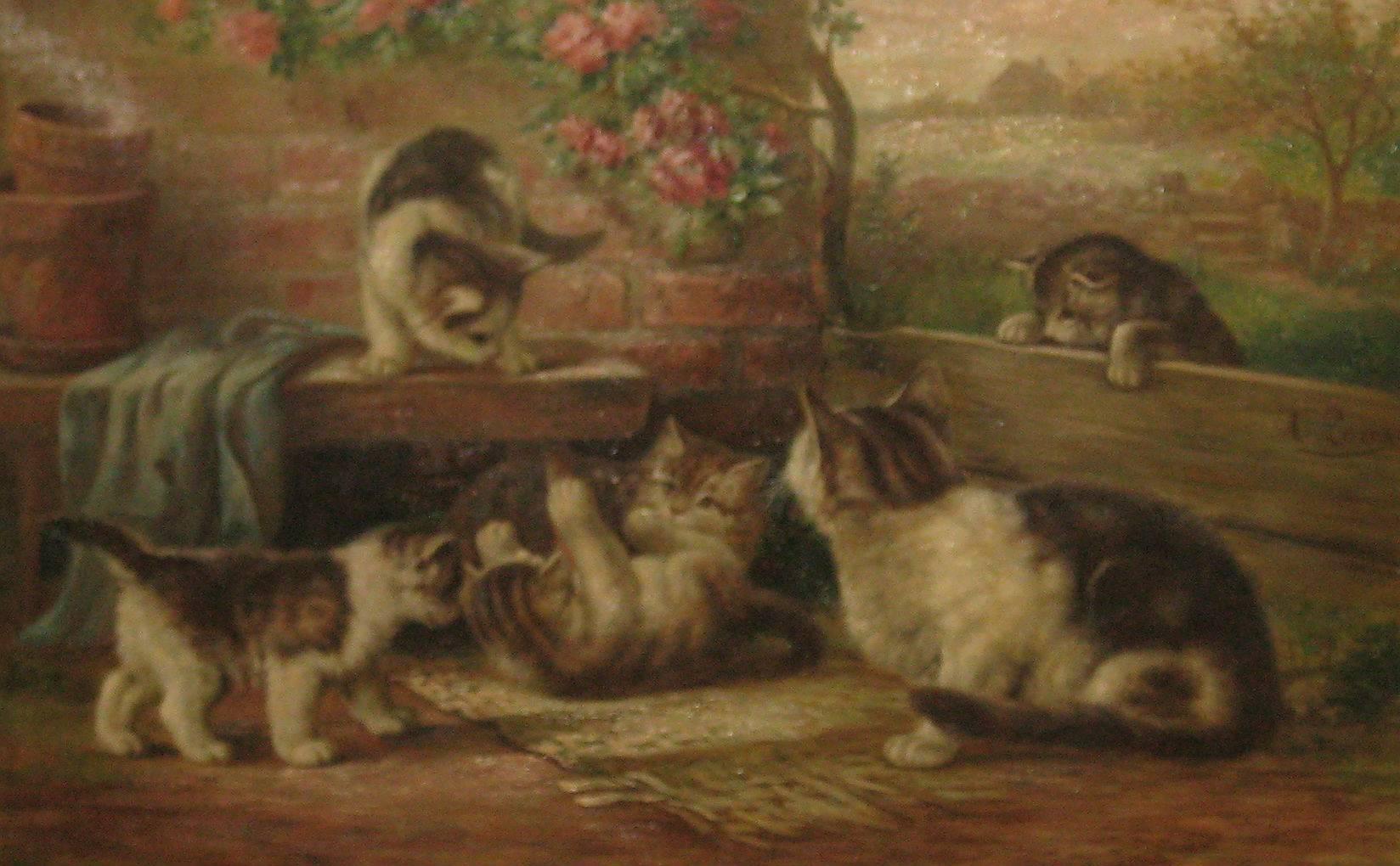 Oil on canvas of Mother Cat with Kittens signed middle right. A. Laux (August Laux, NY 1847-1921).

Overall: 28