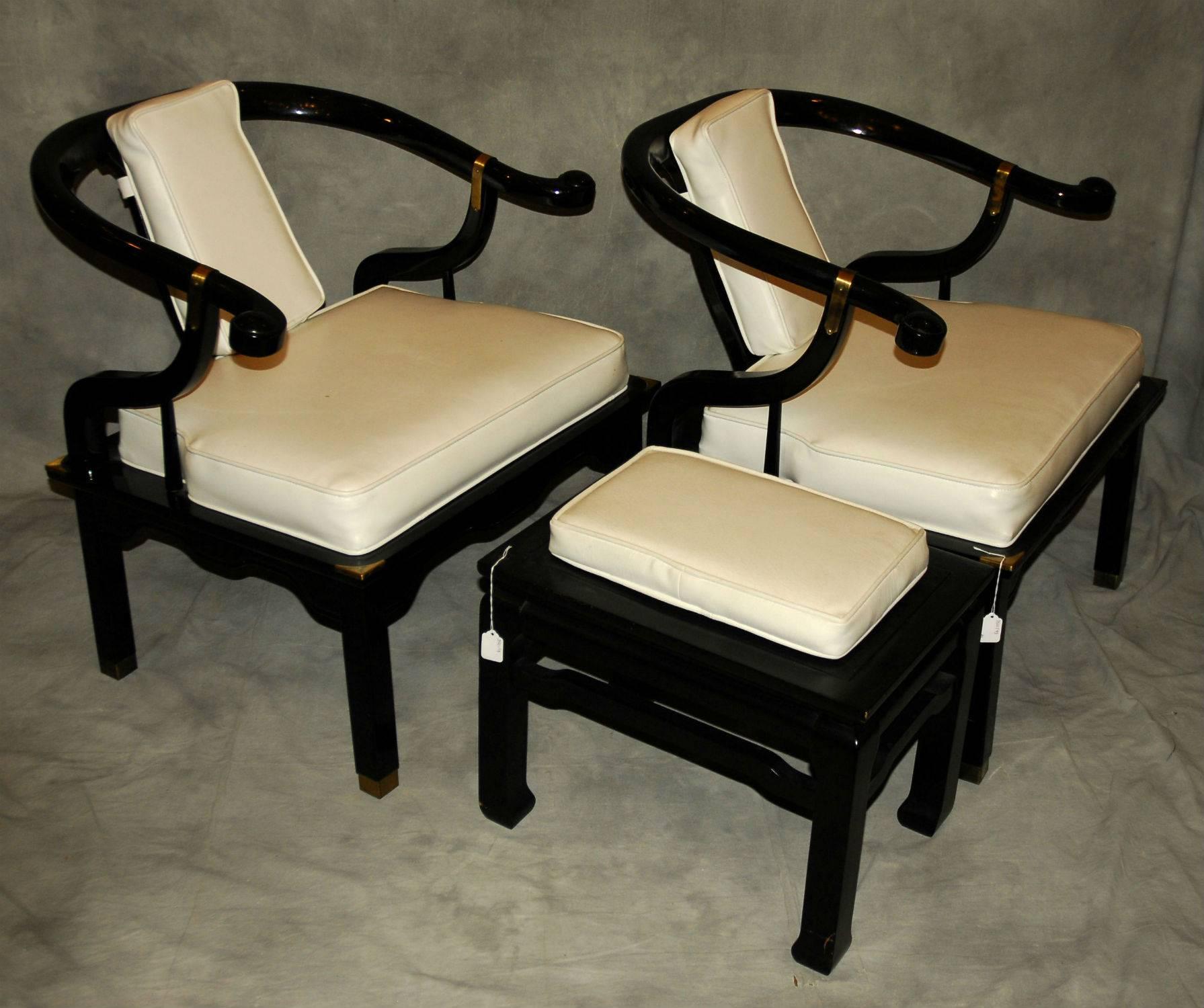 Pair of James Mont Style Black Lacquer Horseshoe Back Chairs and Ottoman  In Good Condition In Miami, FL