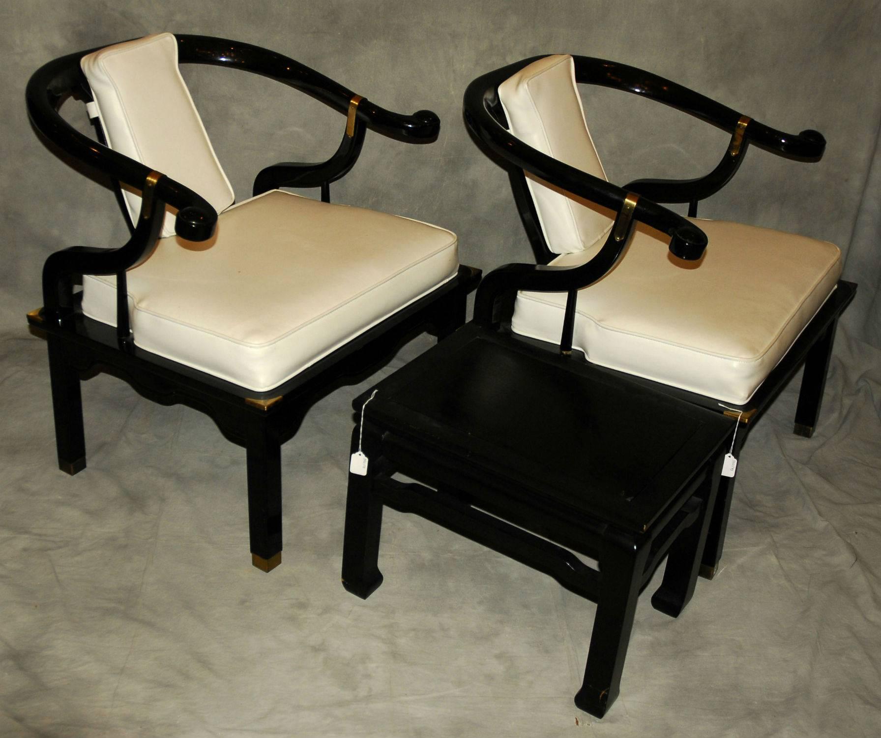 20th Century Pair of James Mont Style Black Lacquer Horseshoe Back Chairs and Ottoman 