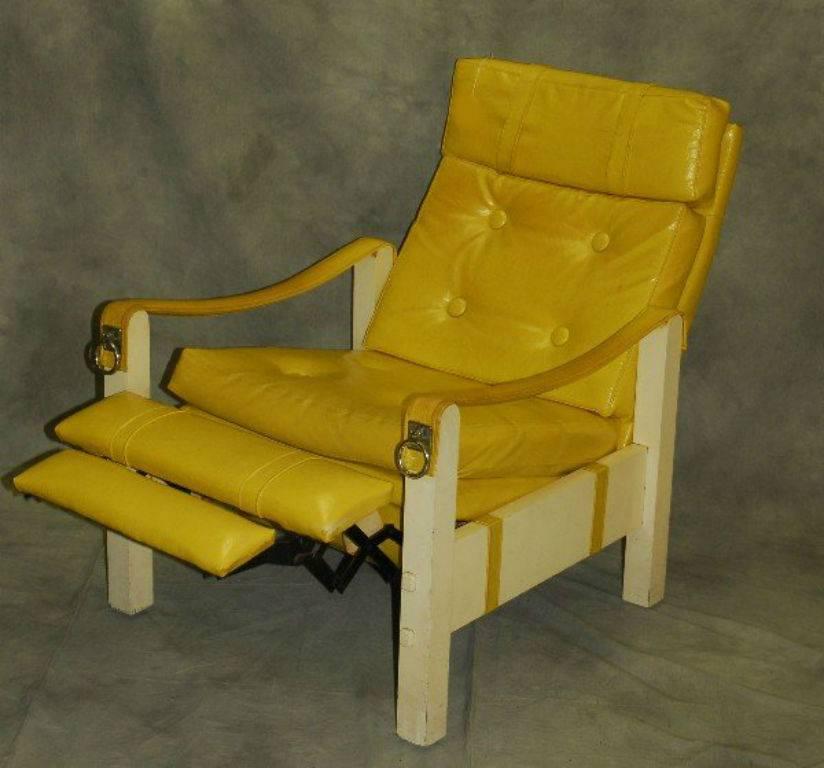 Mid-Century Modern white lacquer wood recliner with original yellow vinyl upholstery and chrome accents.