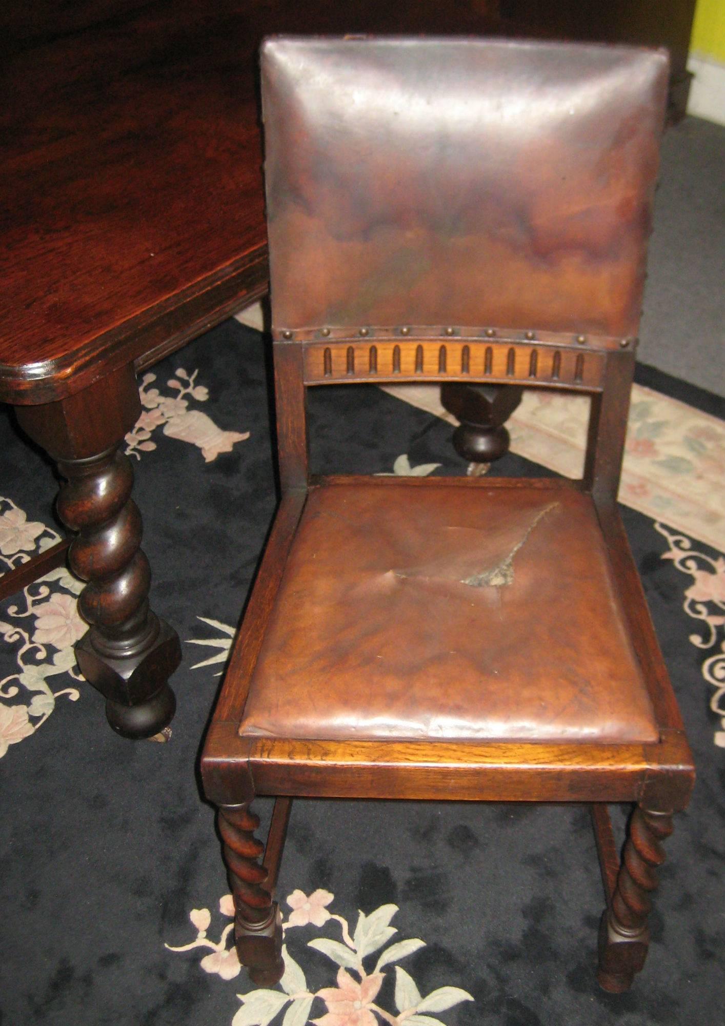 Gothic 19th Century English Carved Oak Barley Twist Table and Four Chairs