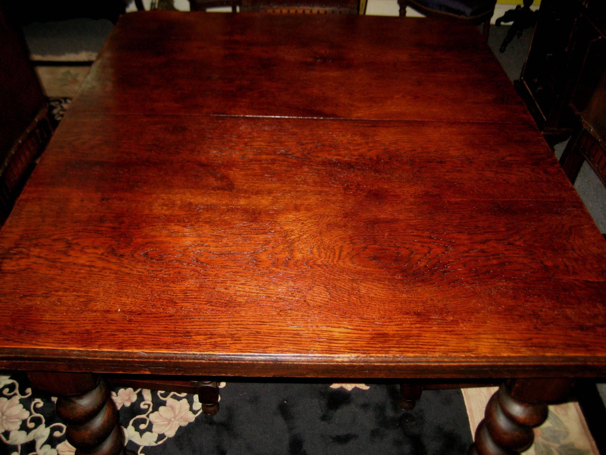 Faux Leather 19th Century English Carved Oak Barley Twist Table and Four Chairs
