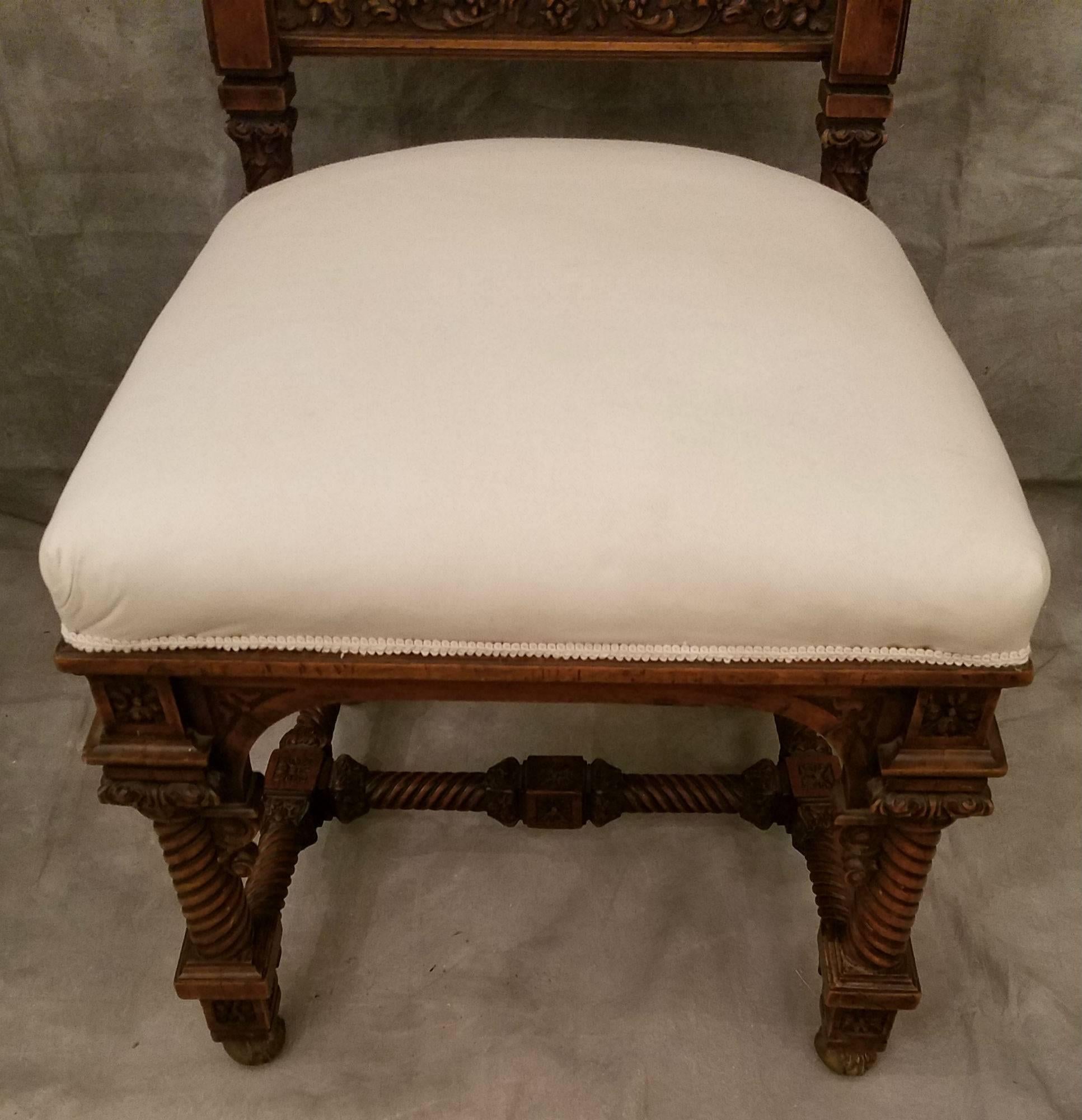 Set of Four 19th Century Renaissance Carved Walnut and Bronze Side Chairs For Sale 1