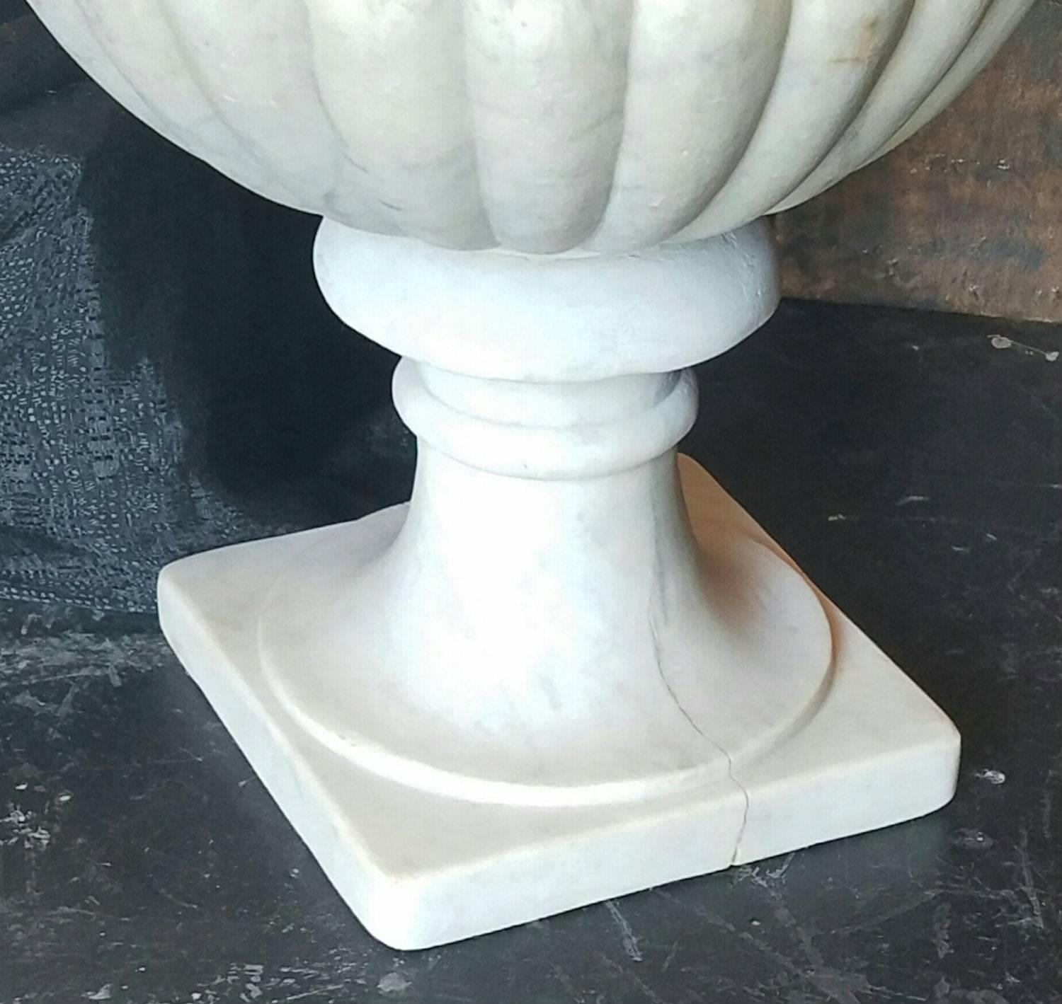 Large Pair of 19th Century Carved Marble Campana Form Garden Urns For Sale 1