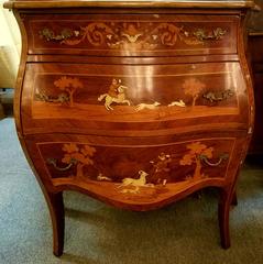 Italian Walnut and Inlaid Bombe Three-Drawer Commode