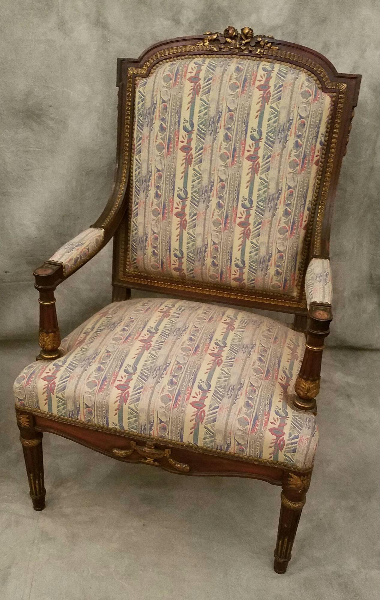 French Pair of 19th Century Louis XVI Carved Mahogany Fauteuil For Sale