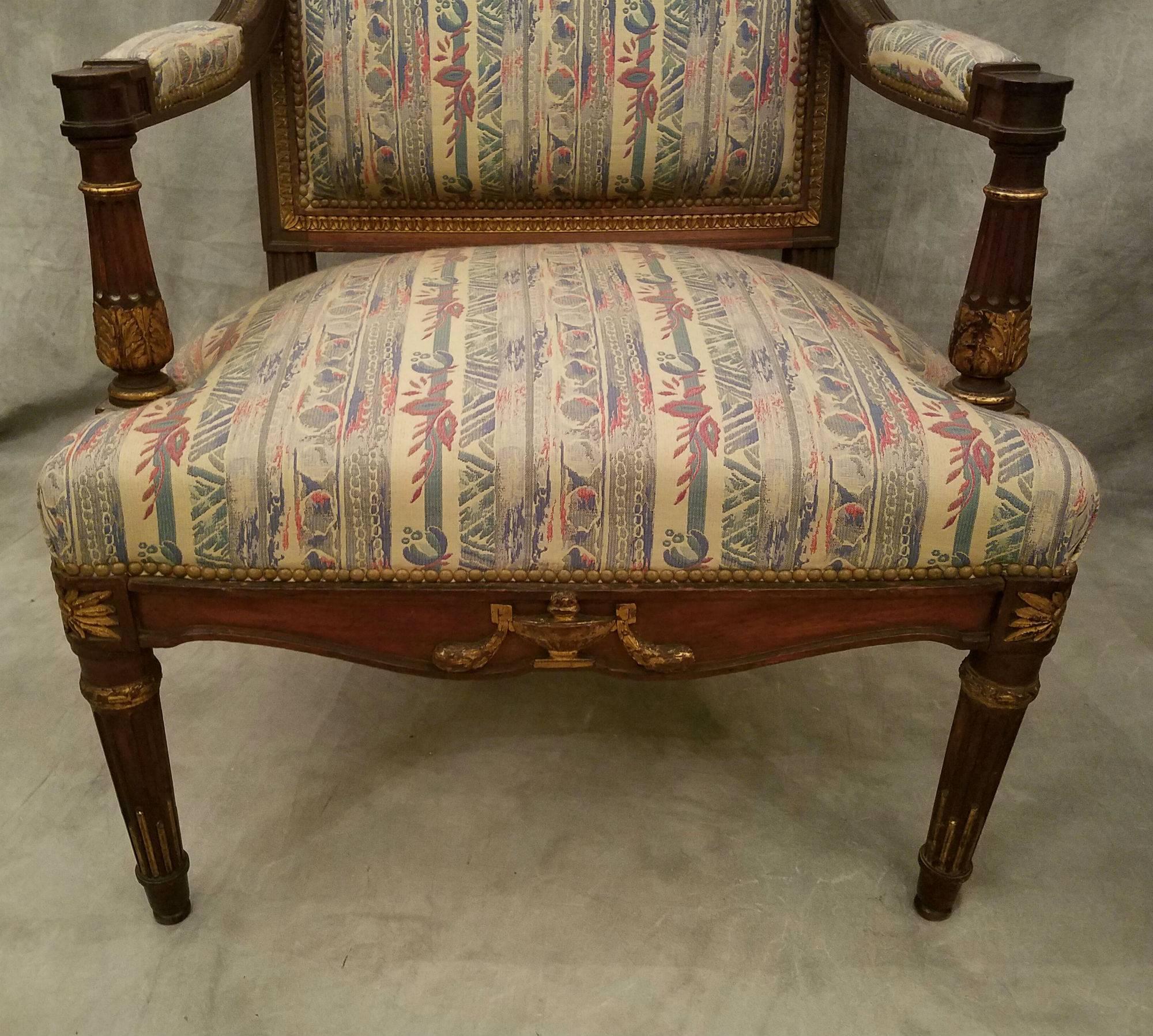 Pair of 19th Century Louis XVI Carved Mahogany Fauteuil For Sale 1
