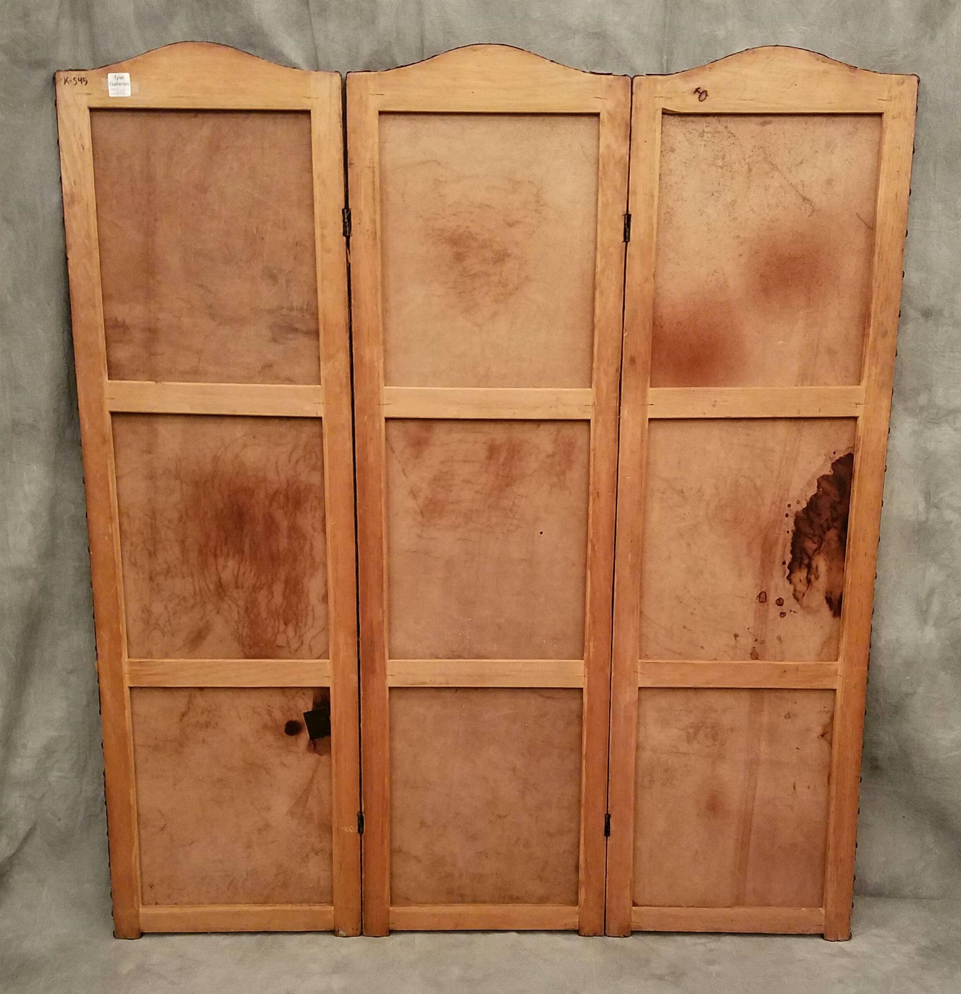 20th Century Hand-Painted Leather Three-Panel Folding Screen For Sale