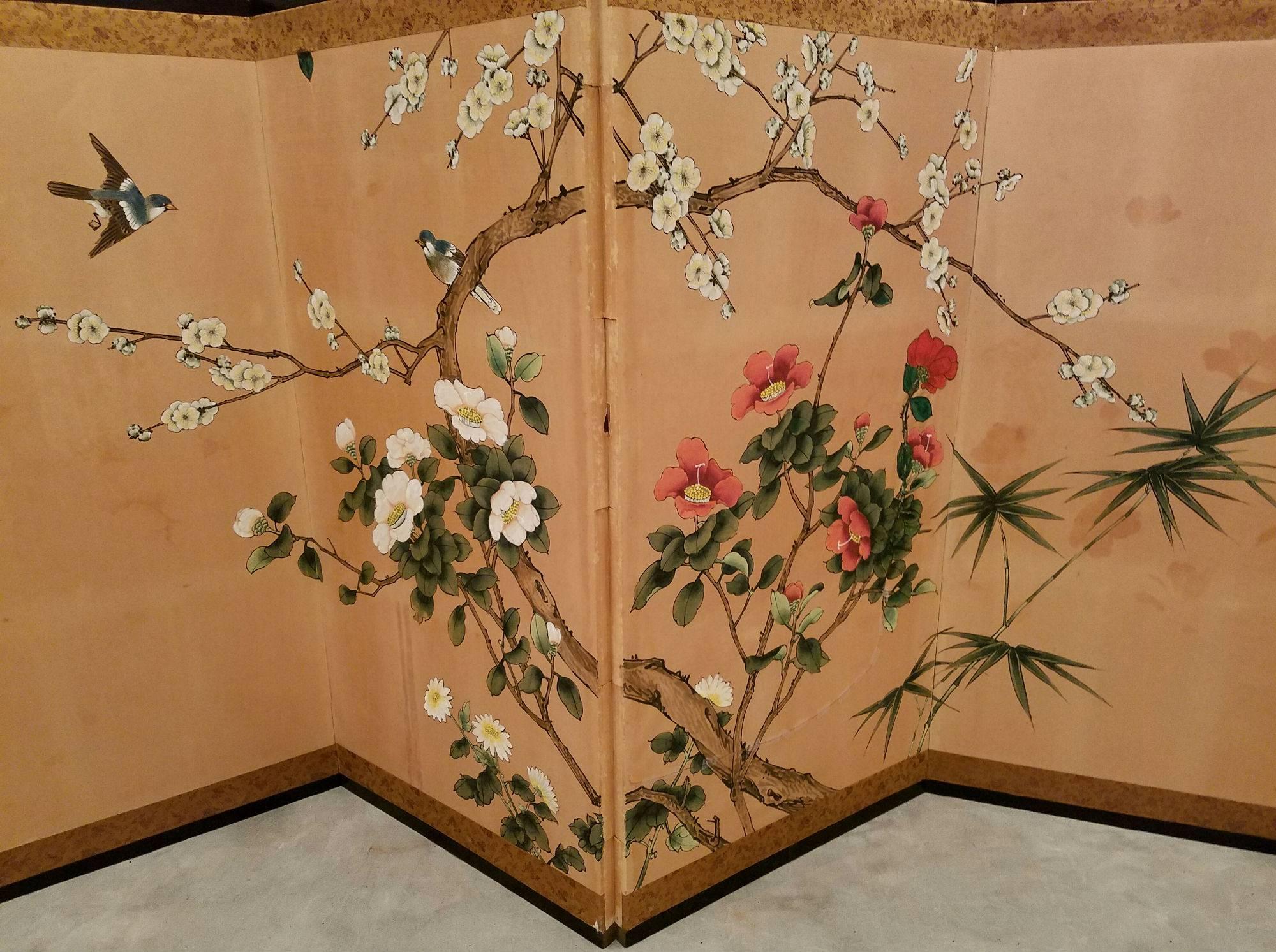 Meiji Antique Japanese Hand-Painted Four-Panel Folding Table Screen For Sale