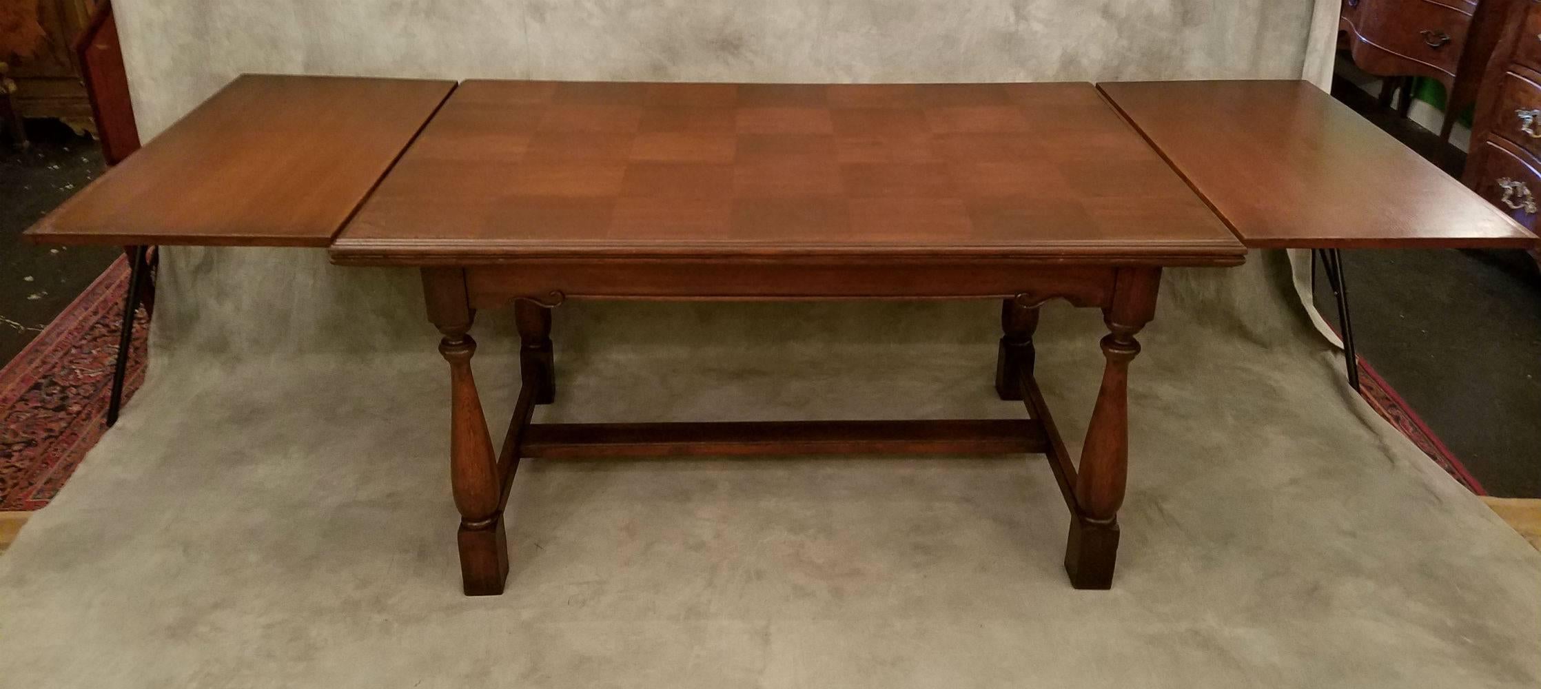 19th Century Antique Country French Carved Oak Refectory Dining Table with Parquetry Top For Sale