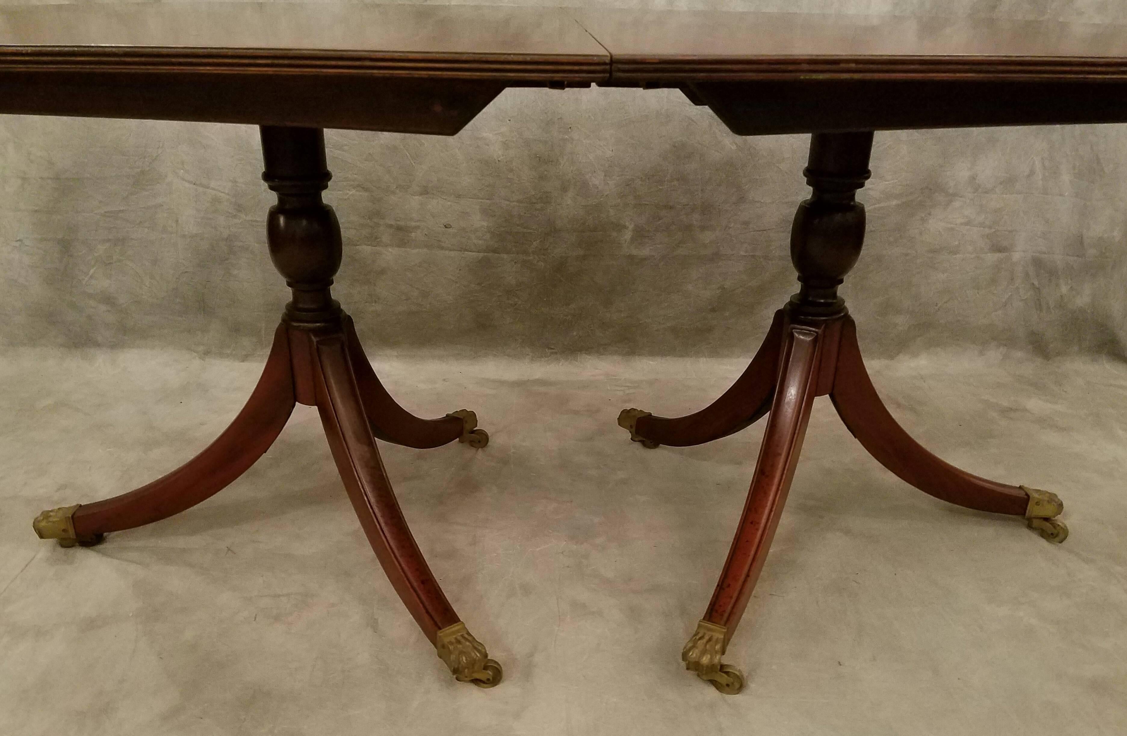 English Regency mahogany double pedestal dining (breakfast) table, with a fluted edge oval top over two baluster form standards with three down-swept legs ending in brass paw and casters.