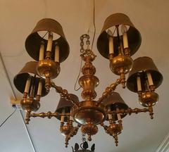 French 18 Light Bronze Bouillotte Chandelier with Tole Shades
