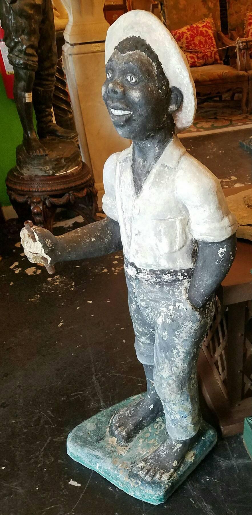 concrete vintage black boy fishing statue