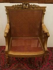 19th Century, Louis XVI Giltwood Carved Double Cane Bergere