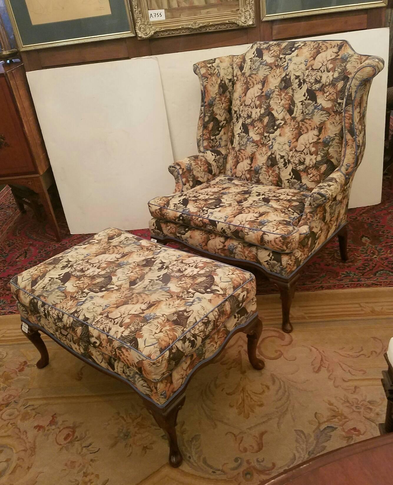 Oversized Queen Anne wing chair and ottoman in a beautiful jacquard cat pattern with contrast welt cord. 

Chair: H: 41