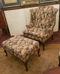 19th Century Oversized Queen Anne Wing Chair and Ottoman