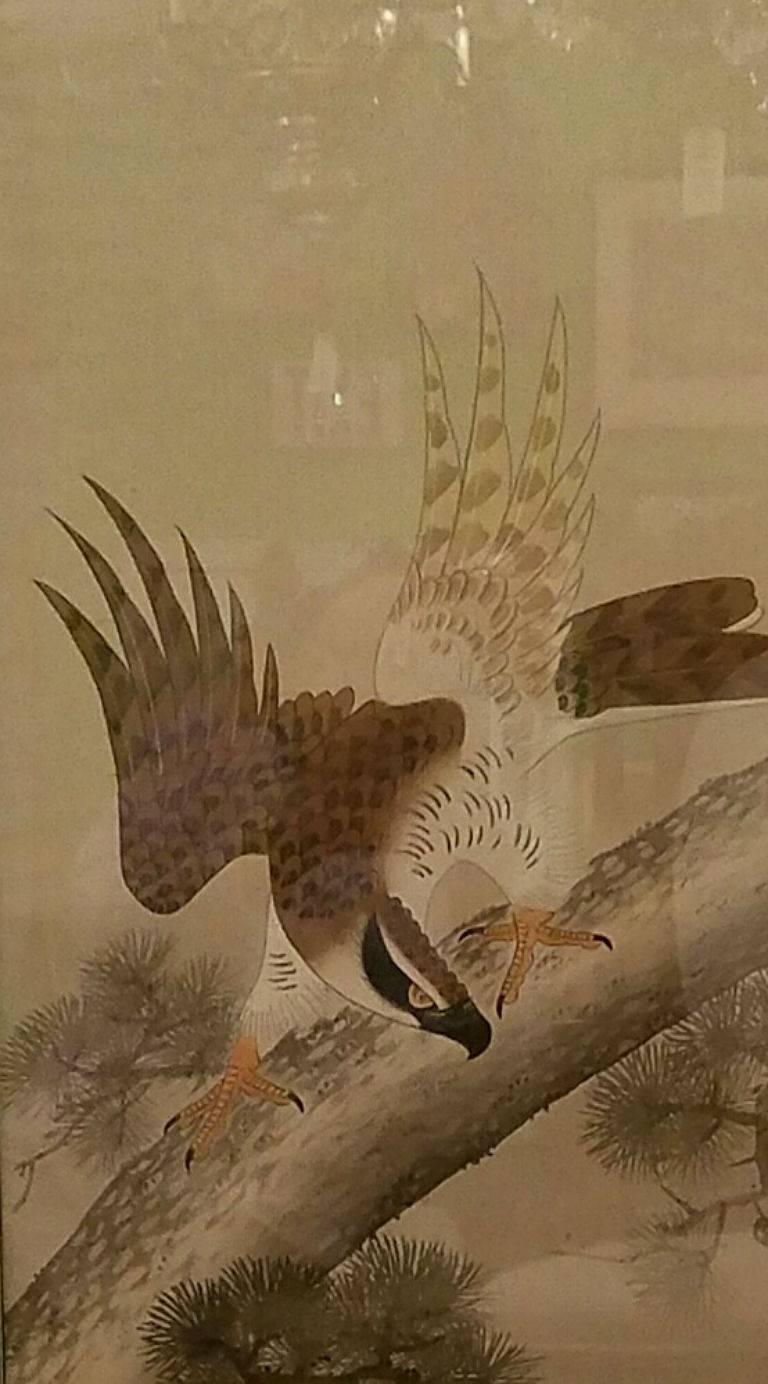 Large Chinese watercolor painting on silk of an Eagle the symbol of strength. 

Overall height: 46.5 width: 19:
Image: 45