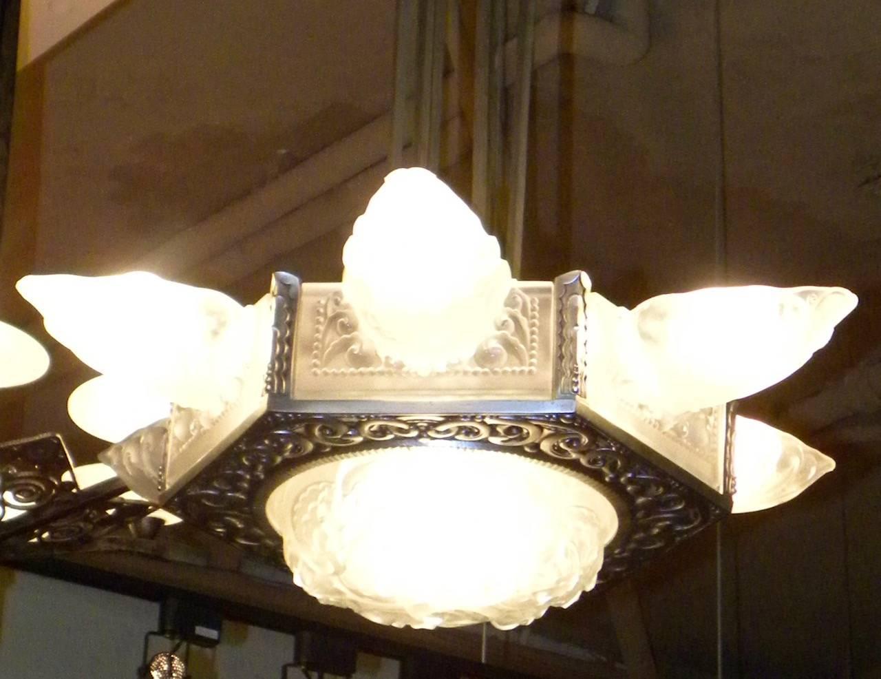Early 20th Century Art Deco Chandelier All Original Molded Multiple Glass Pieces Very Large
