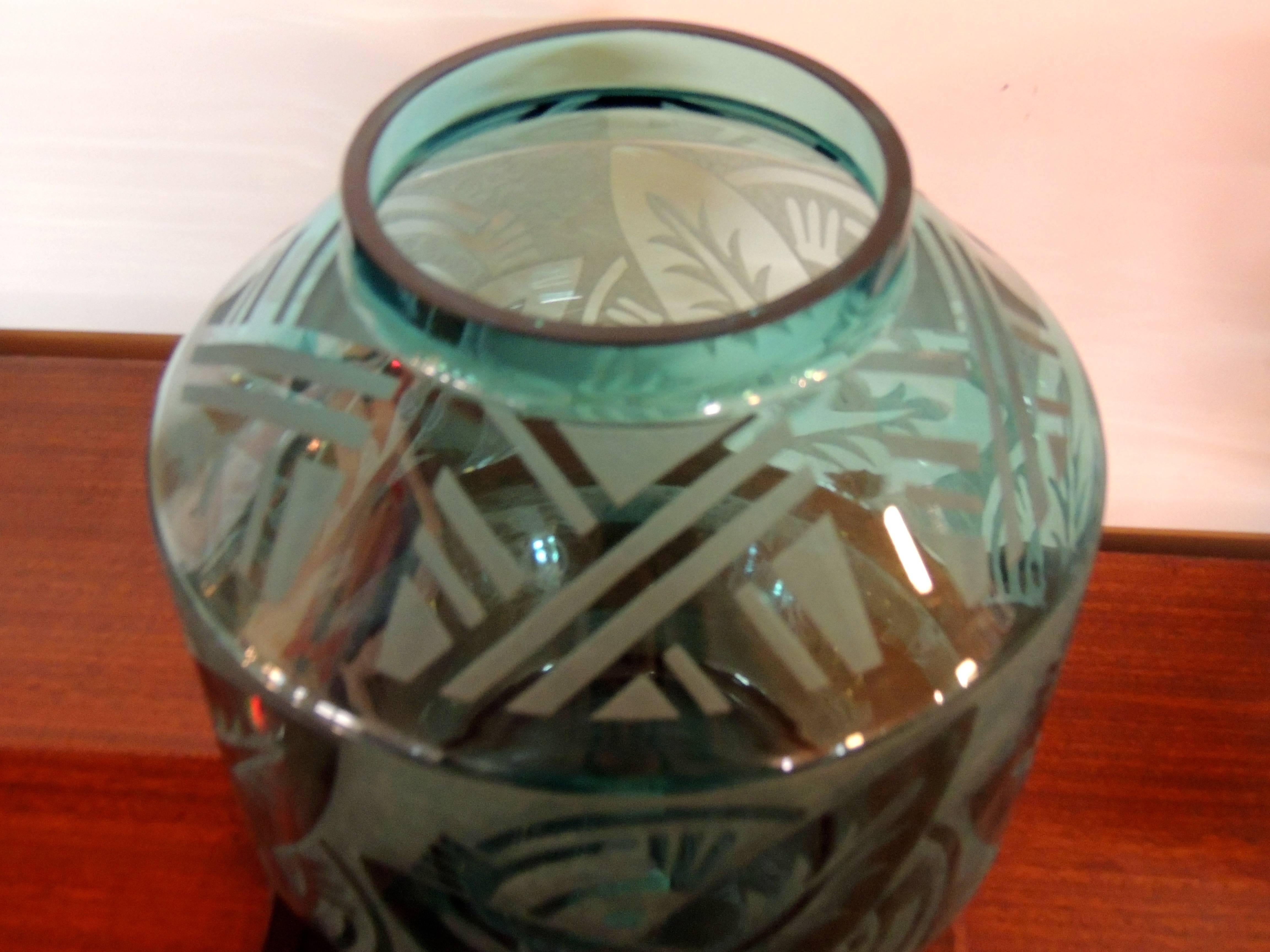 Art Deco Etched Turquoise Daum Nancy Glass In Excellent Condition In Oakland, CA