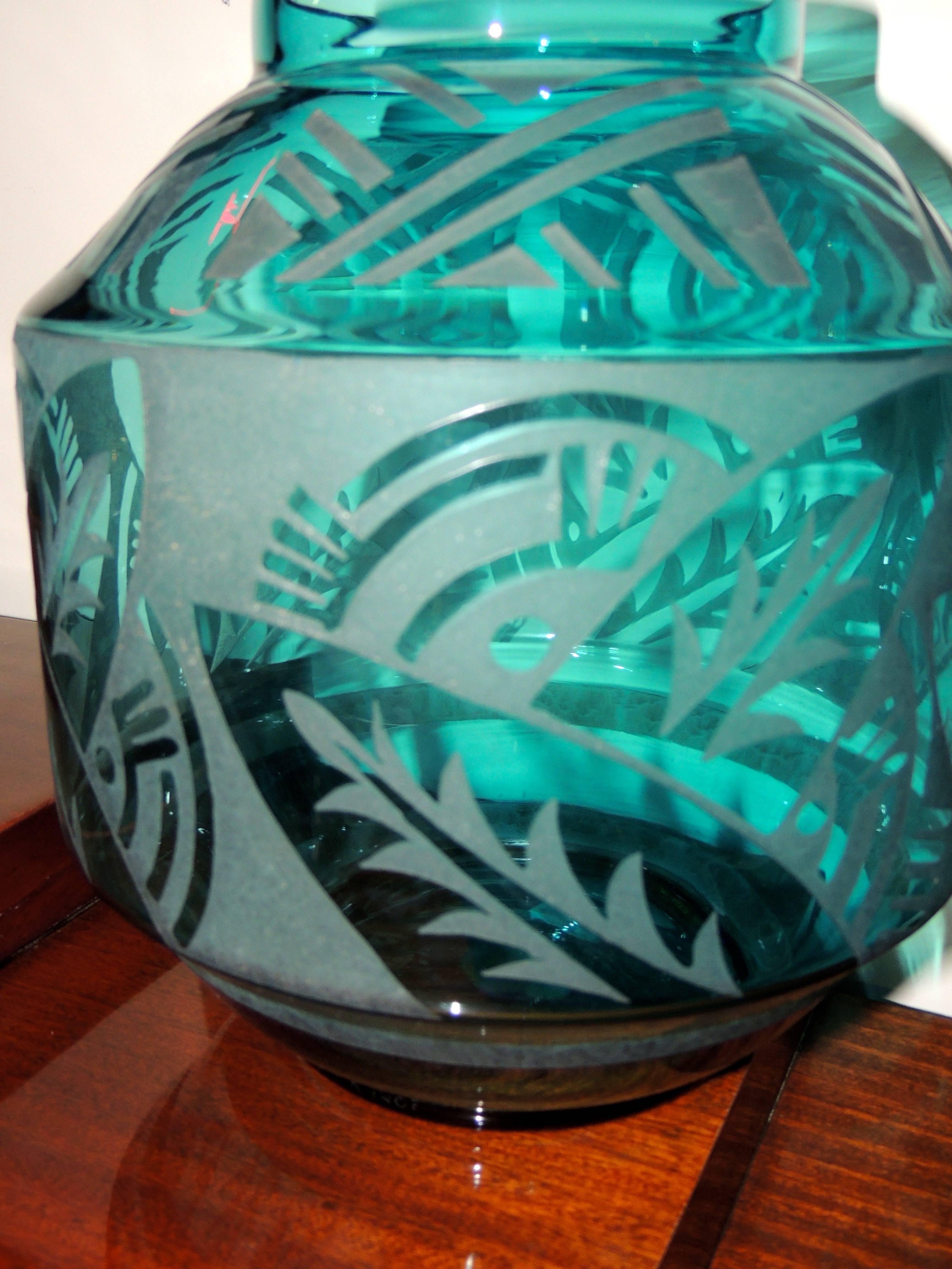 Art Glass Art Deco Etched Turquoise Daum Nancy Glass