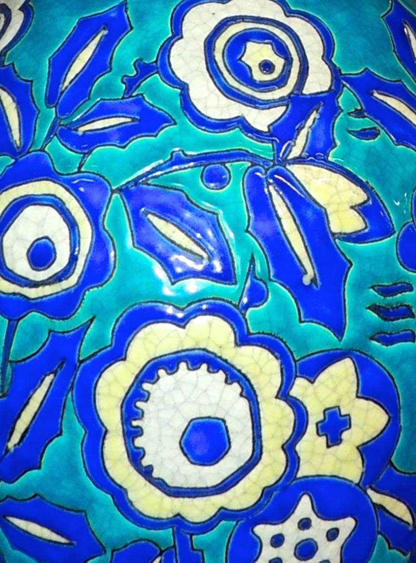 This spectacular piece of Boch pottery was featured in the “Life and Style” exhibition at the SFO Museum at the San Francisco International Airport. Rendered in the unique style of “Ceramic Cloisonne” that emulated the ancient Japanese technique but