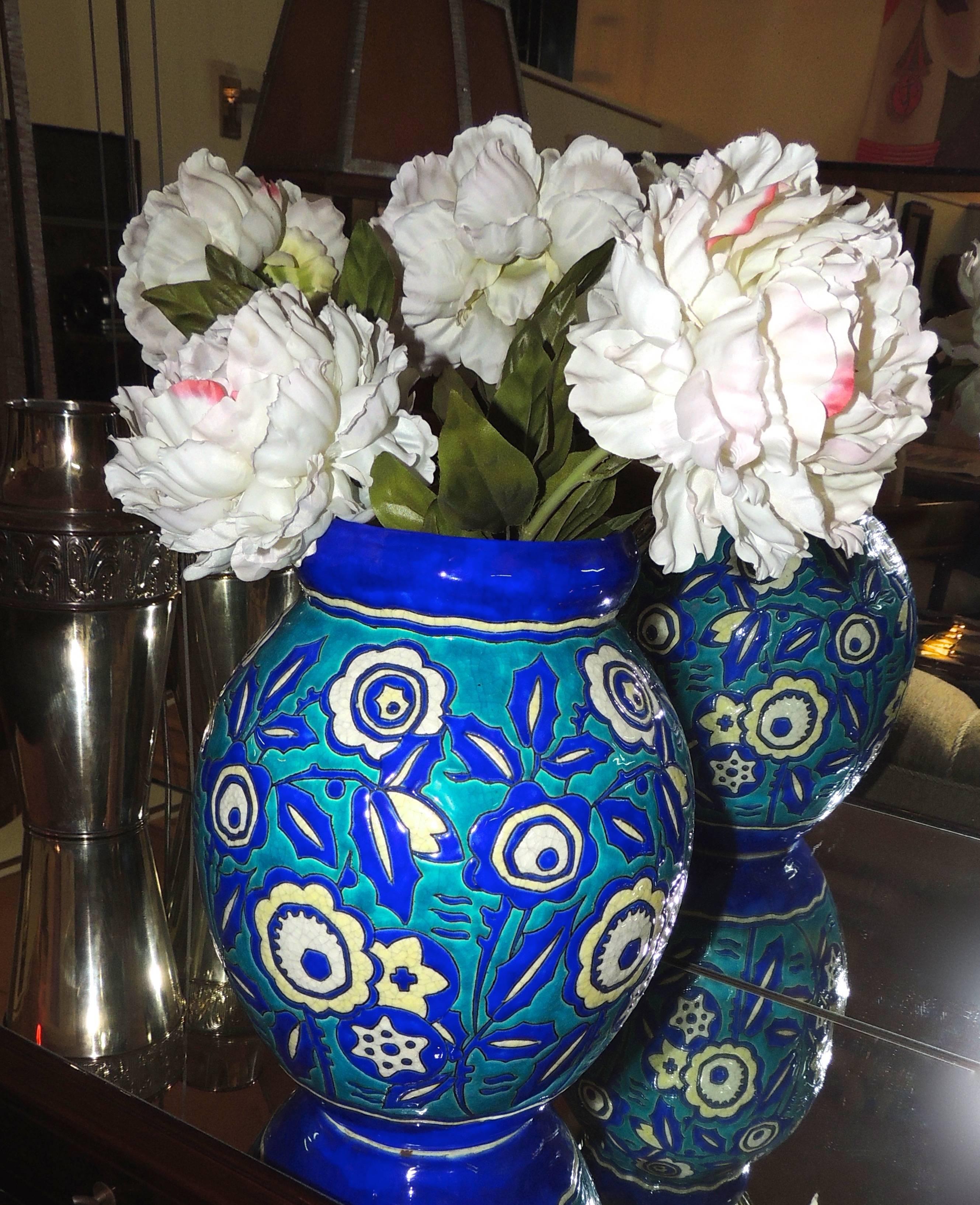 Catteau Ceramic Cloisonne Boch Vase In Excellent Condition In Oakland, CA
