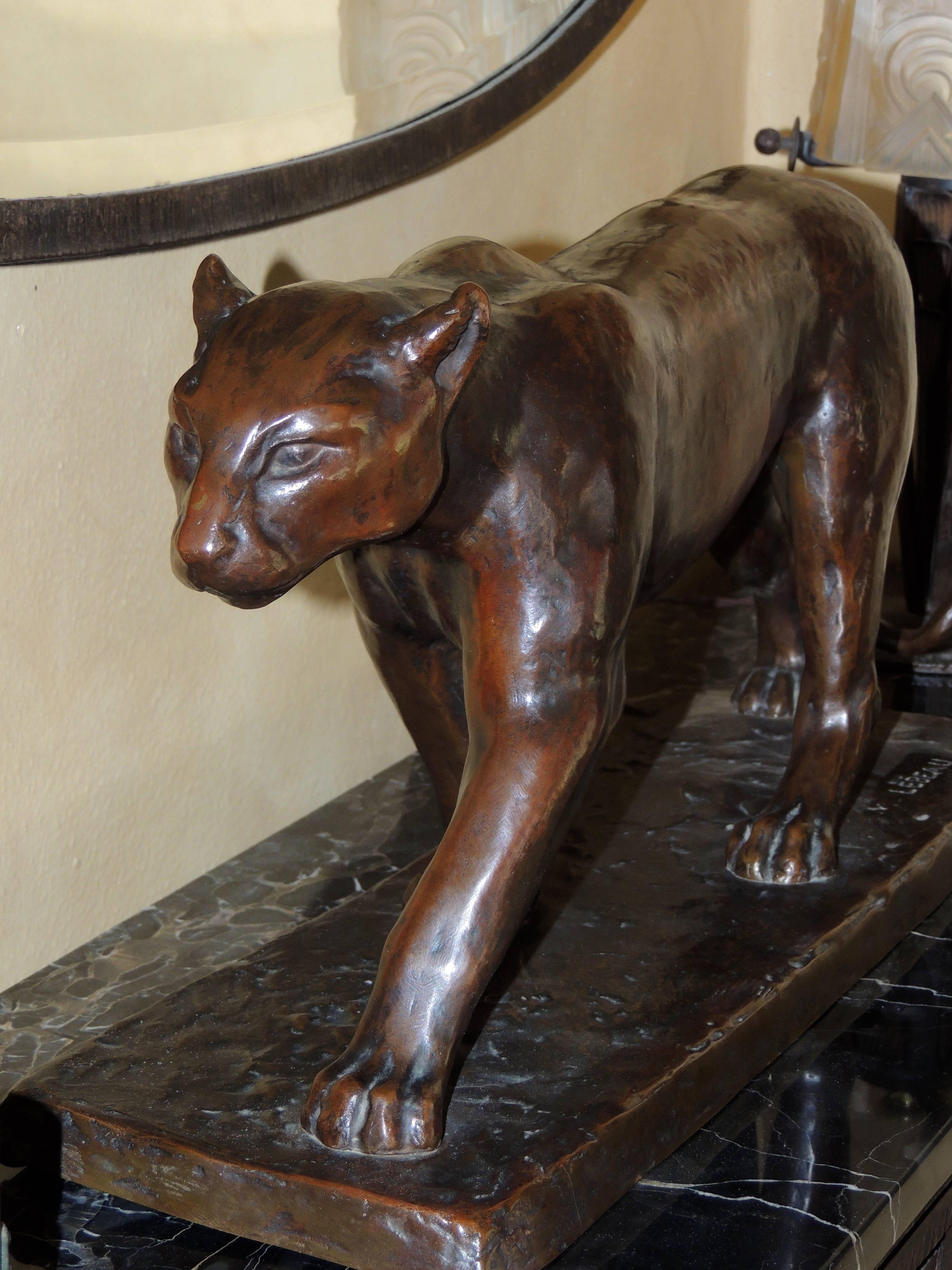 Art Deco Bronze Panther Statue by M. Lebeau In Excellent Condition In Oakland, CA