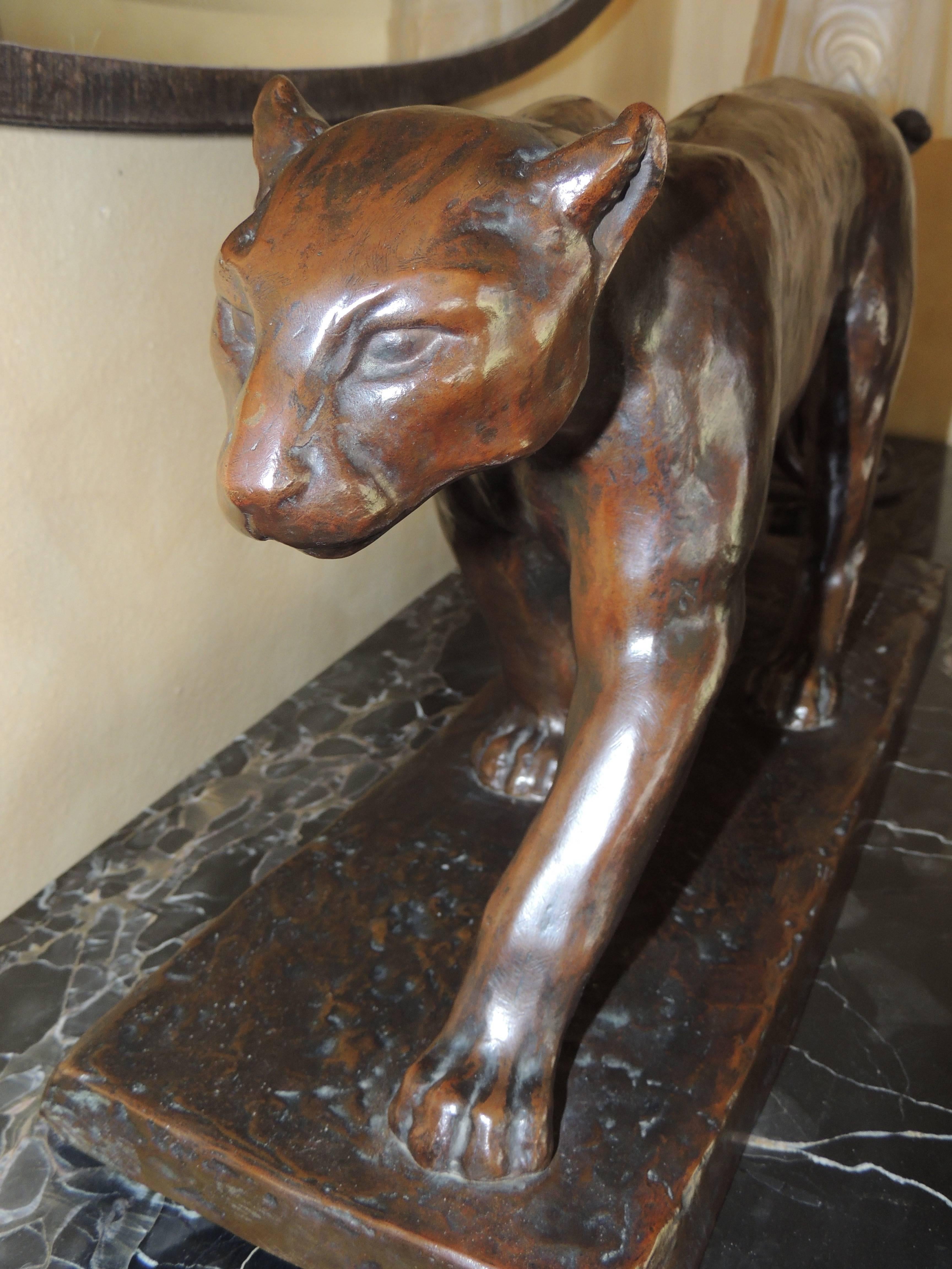 French Art Deco Bronze Panther Statue by M. Lebeau