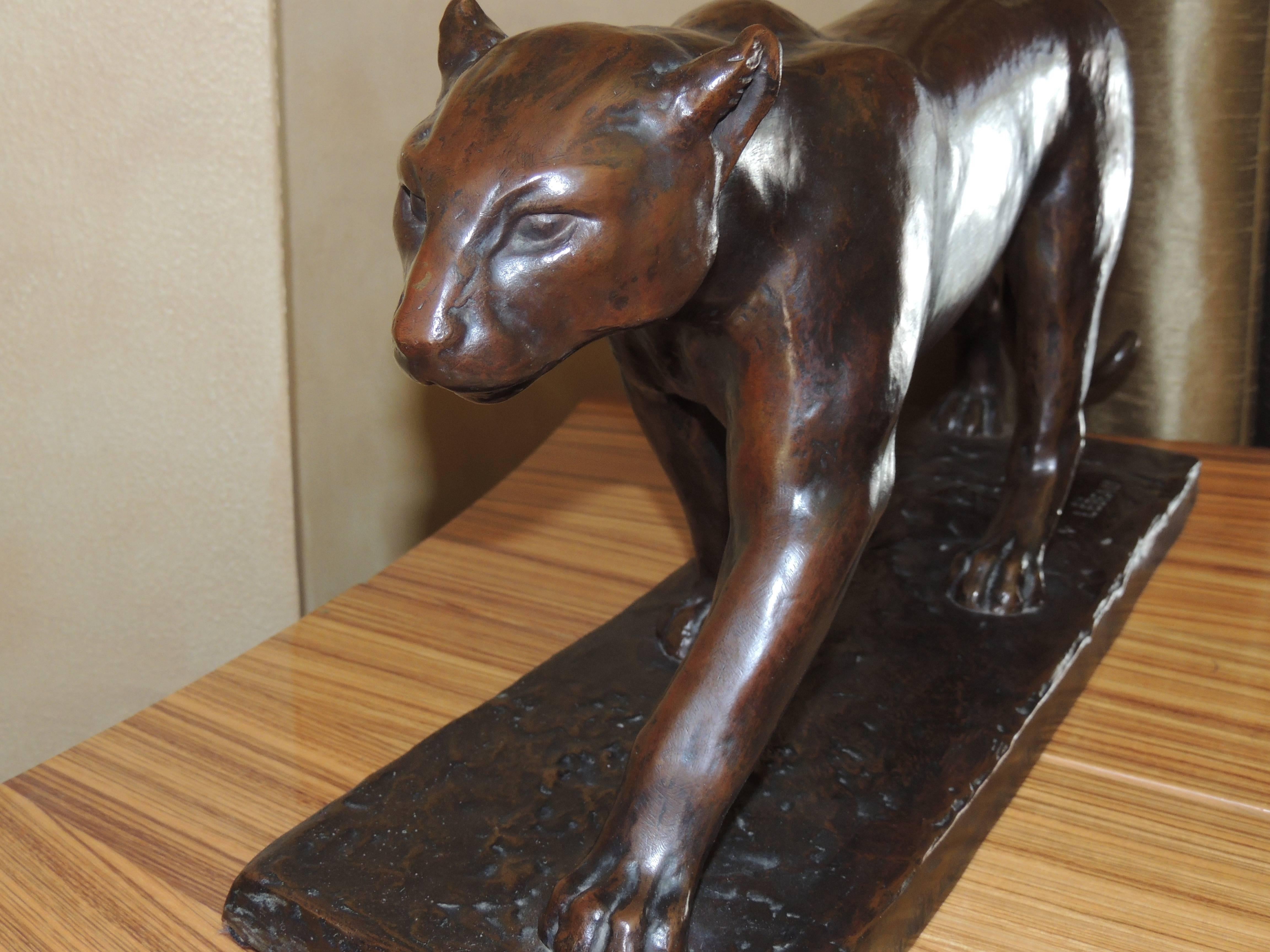 Mid-20th Century Art Deco Bronze Panther Statue by M. Lebeau