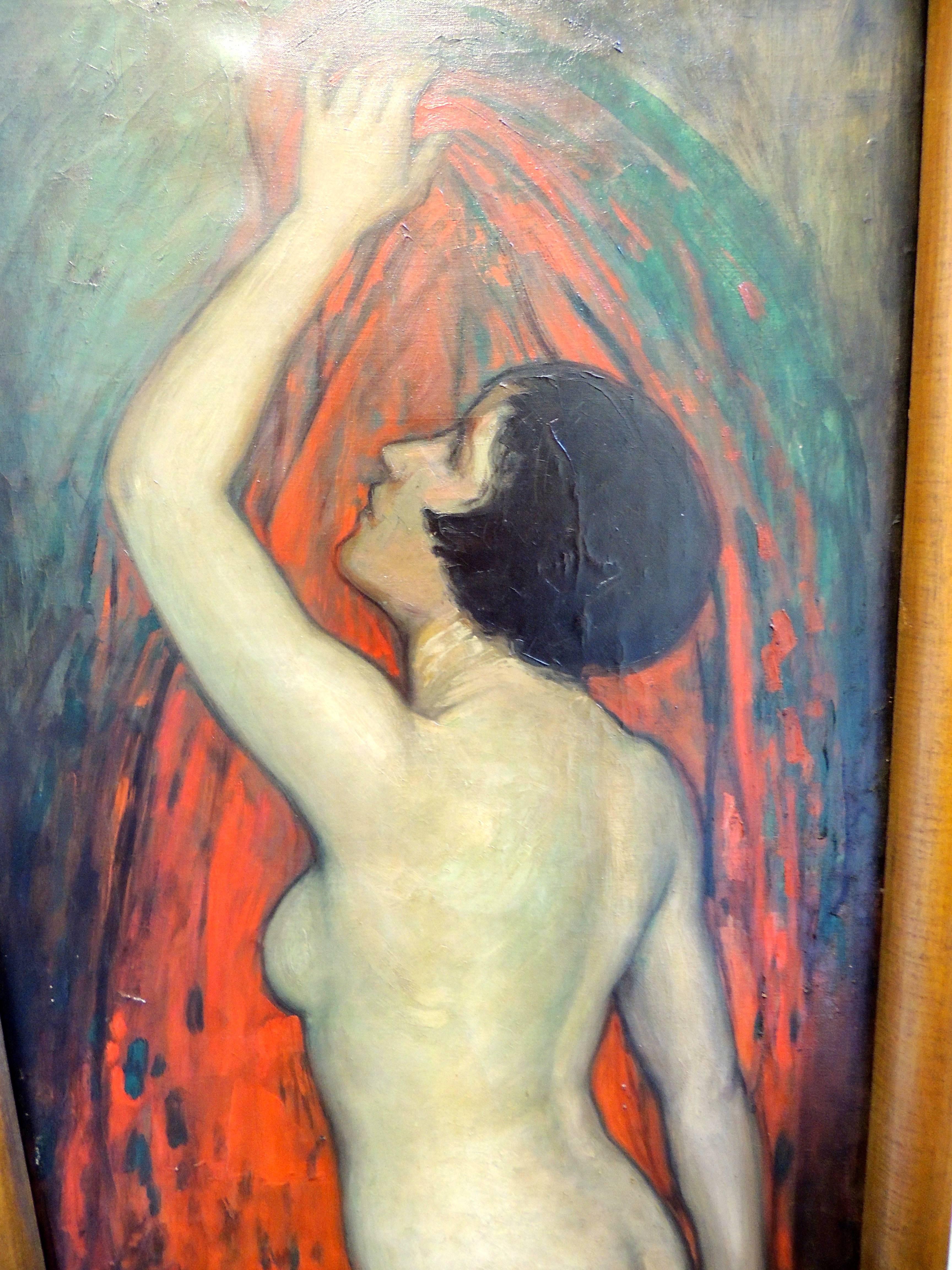 Dutch Art Deco Painting by E.Van Offel, Nude with Red Dress In Excellent Condition In Oakland, CA