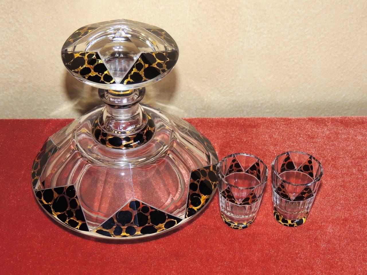 Mid-20th Century Art Deco Leopard Print and Zig Zag Czech Decanter Set