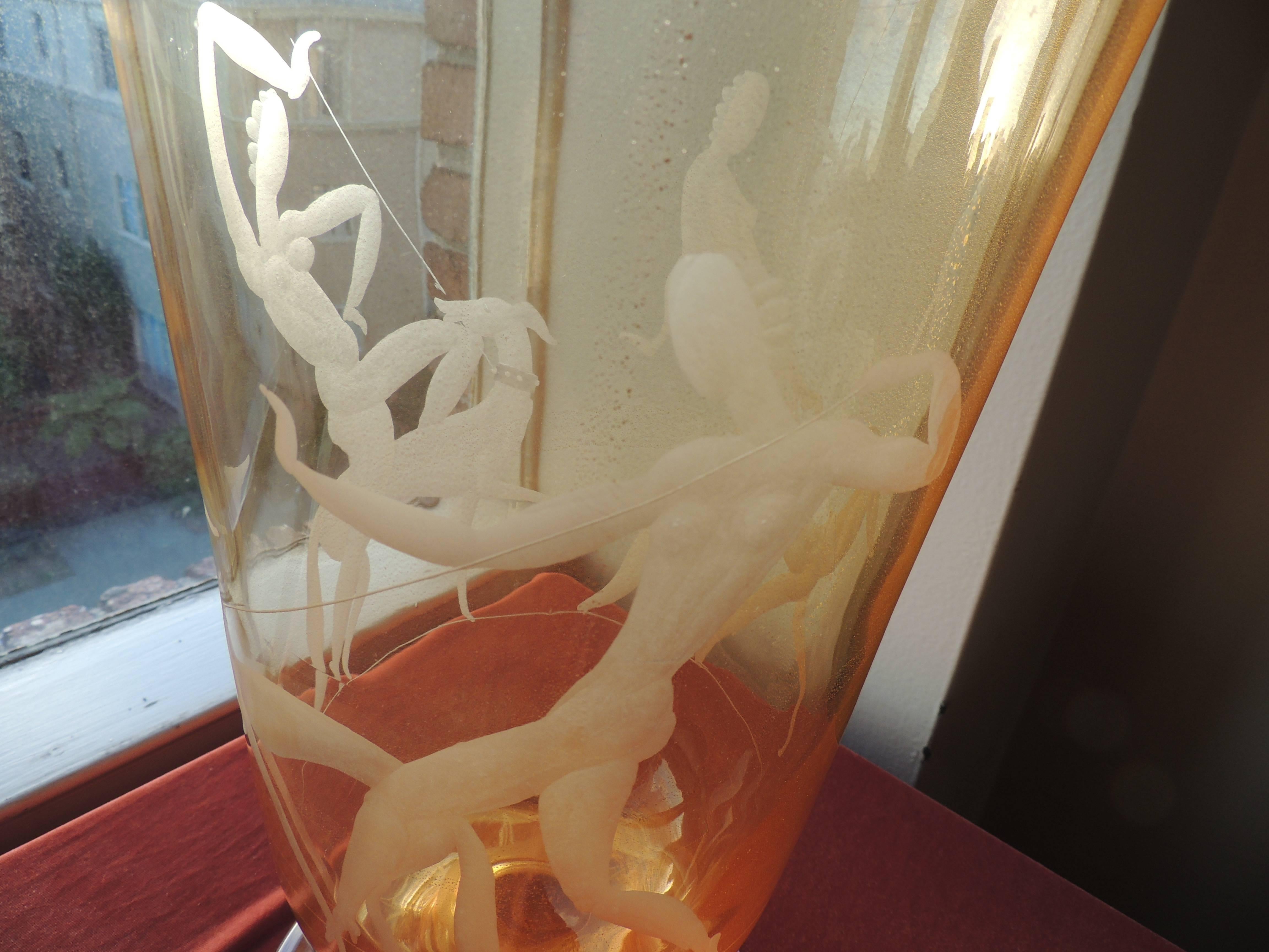 Art Deco Etched Glass Vase with Stylized Women and Dogs 1