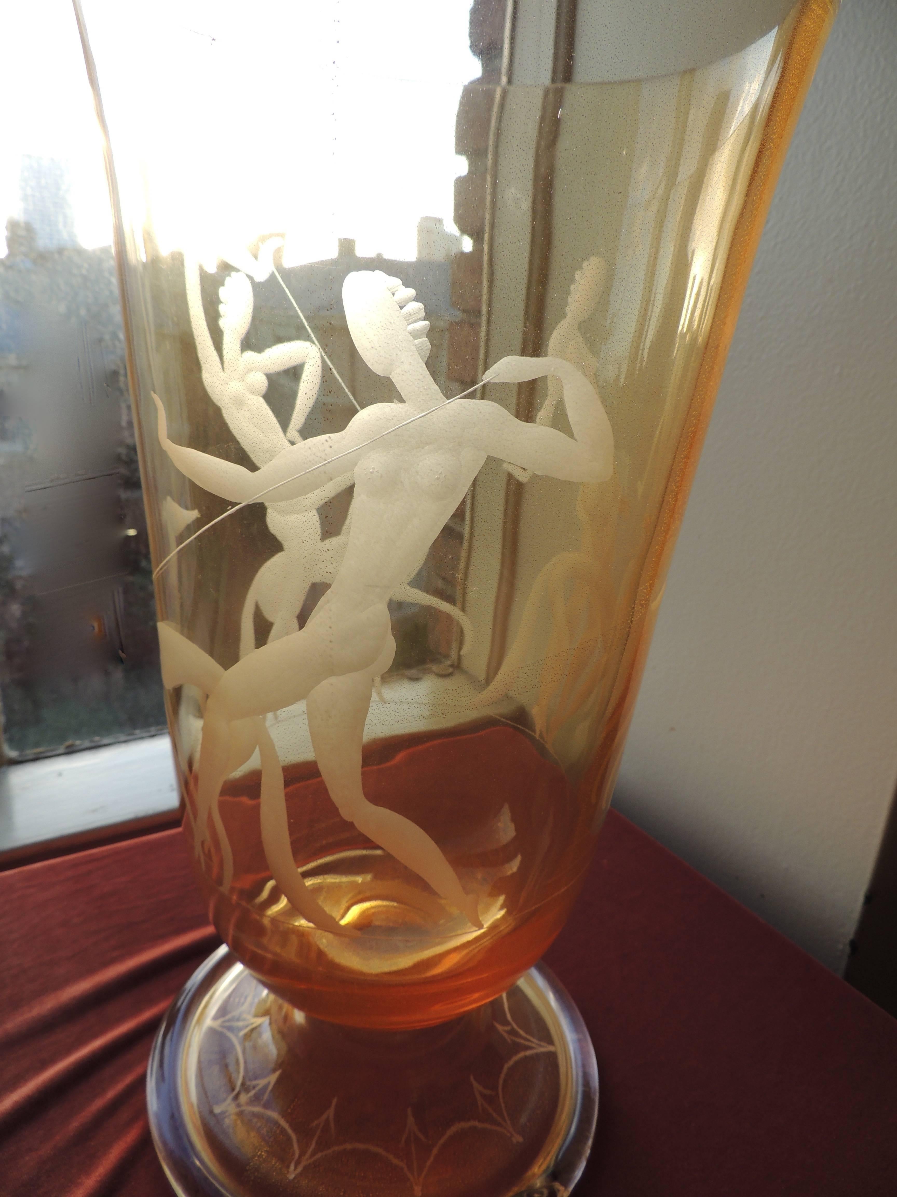 Italian Art Deco Etched Glass Vase with Stylized Women and Dogs