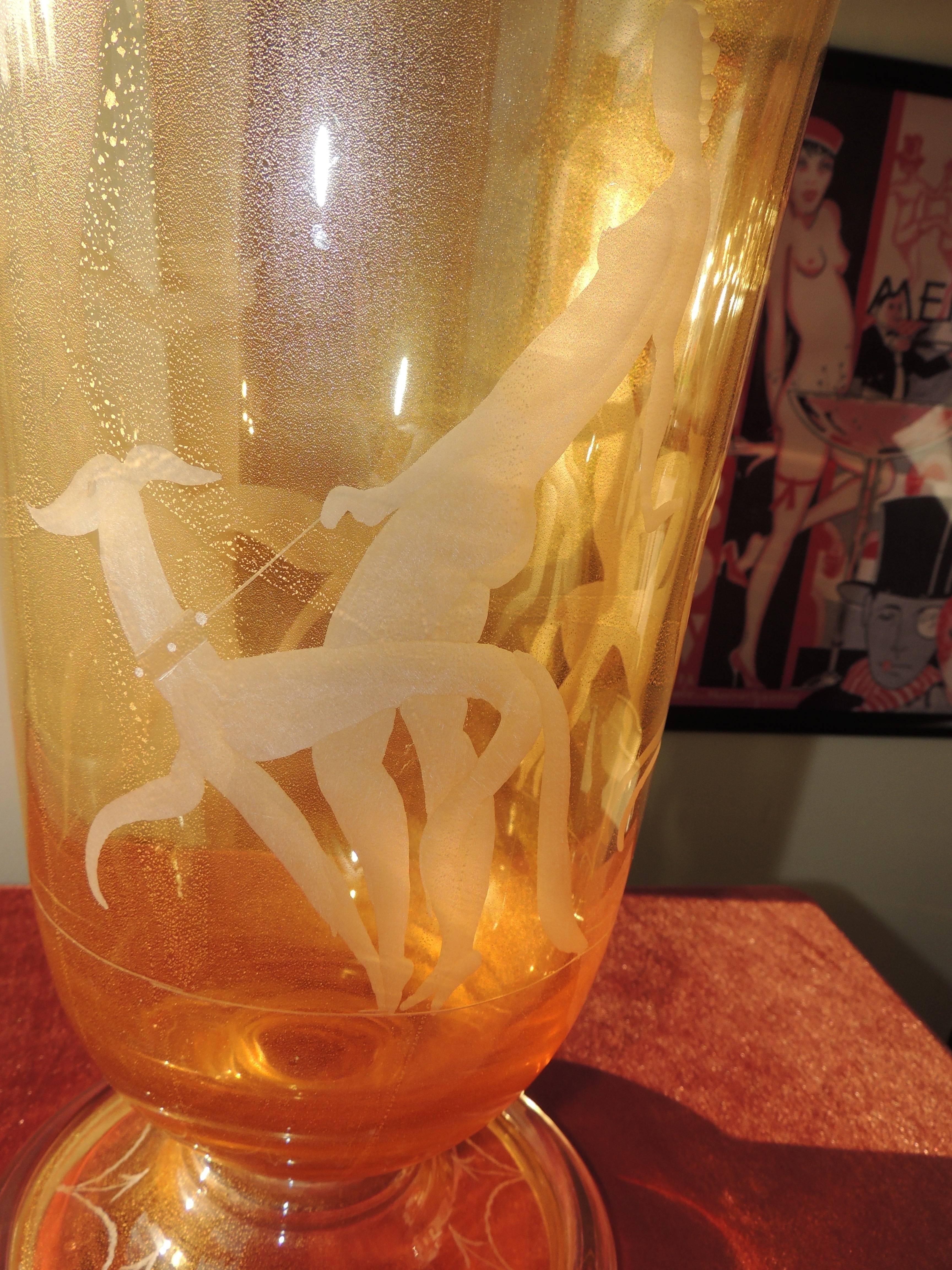 Art Deco Etched Glass Vase with Stylized Women and Dogs In Excellent Condition In Oakland, CA