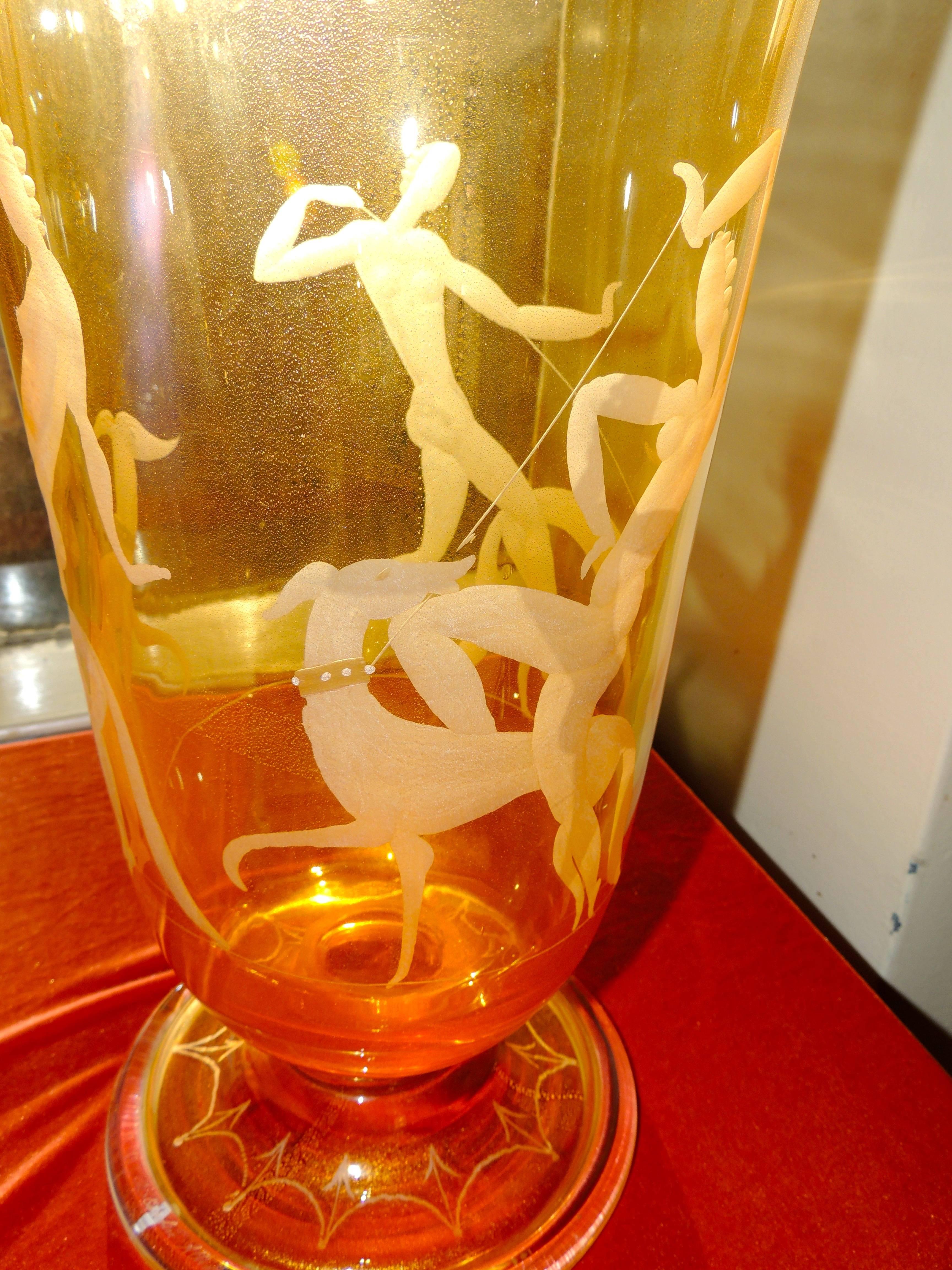 Mid-20th Century Art Deco Etched Glass Vase with Stylized Women and Dogs