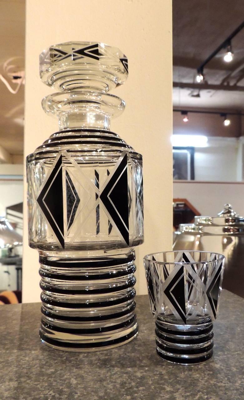 Art Deco Czech Decanter with Jazzy Black Design In Excellent Condition In Oakland, CA