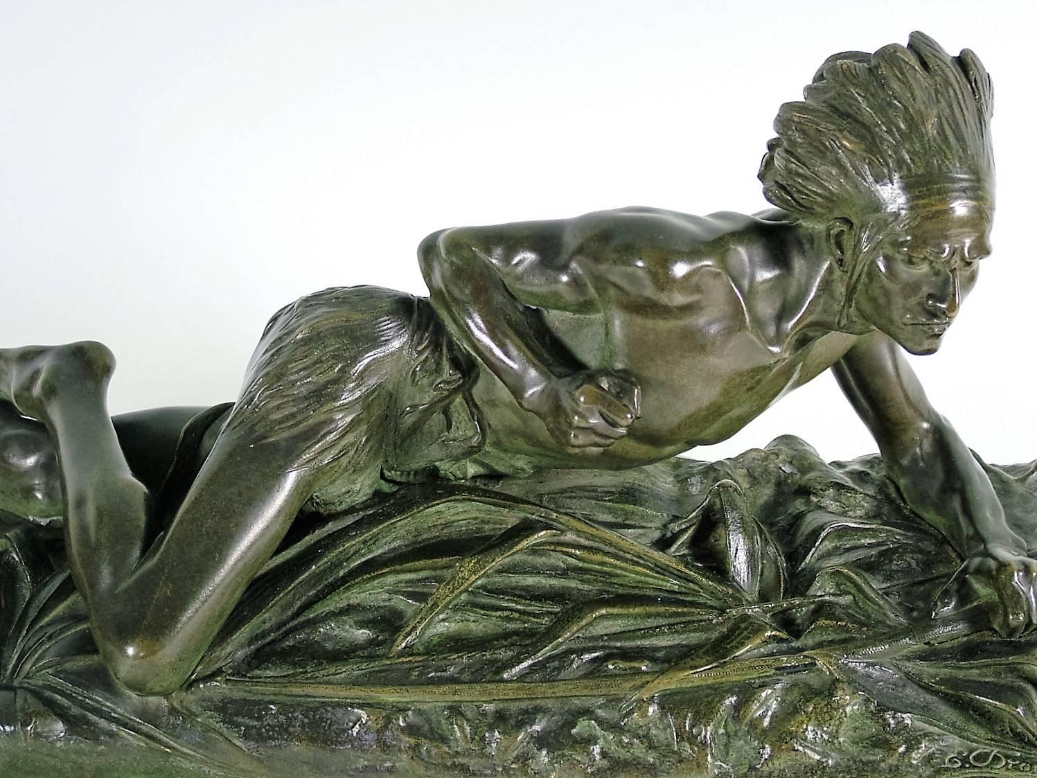 Edouard Drouot Original Bronze American Indian Crawling Hunting In Excellent Condition In Oakland, CA