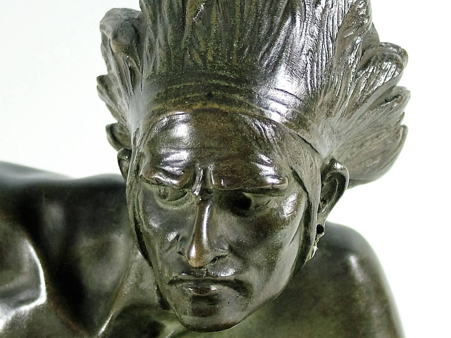 Edouard Drouot Original Bronze American Indian Crawling Hunting 1