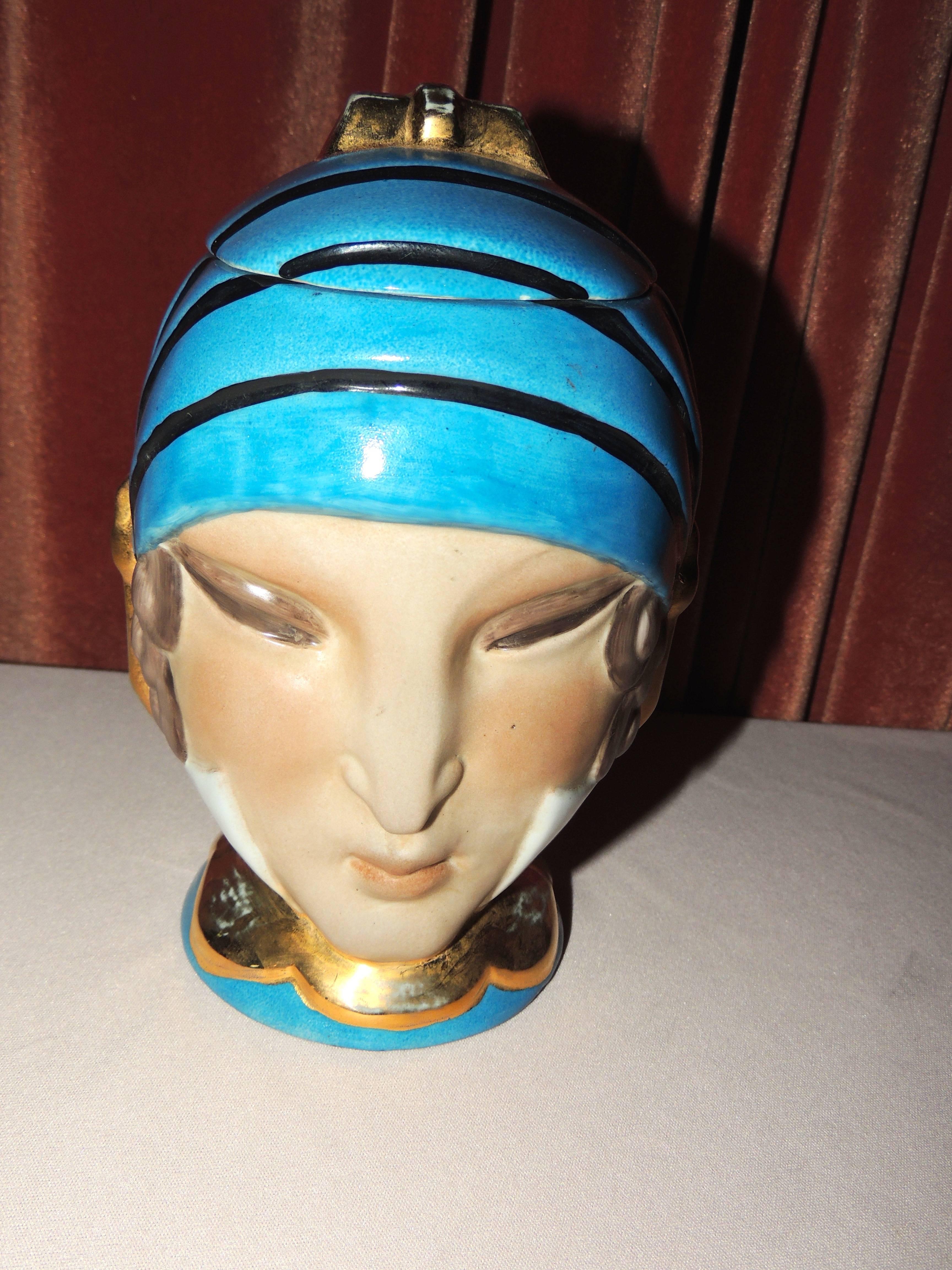 Mid-20th Century French Double Head Art Deco ROBJ Paris Signed Ceramic Jar Bonbonniere, 1930