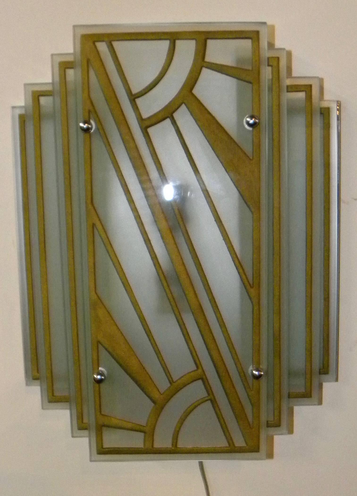 Custom Etched Glass Gold Stepped Modernist Art Deco Light In Excellent Condition In Oakland, CA
