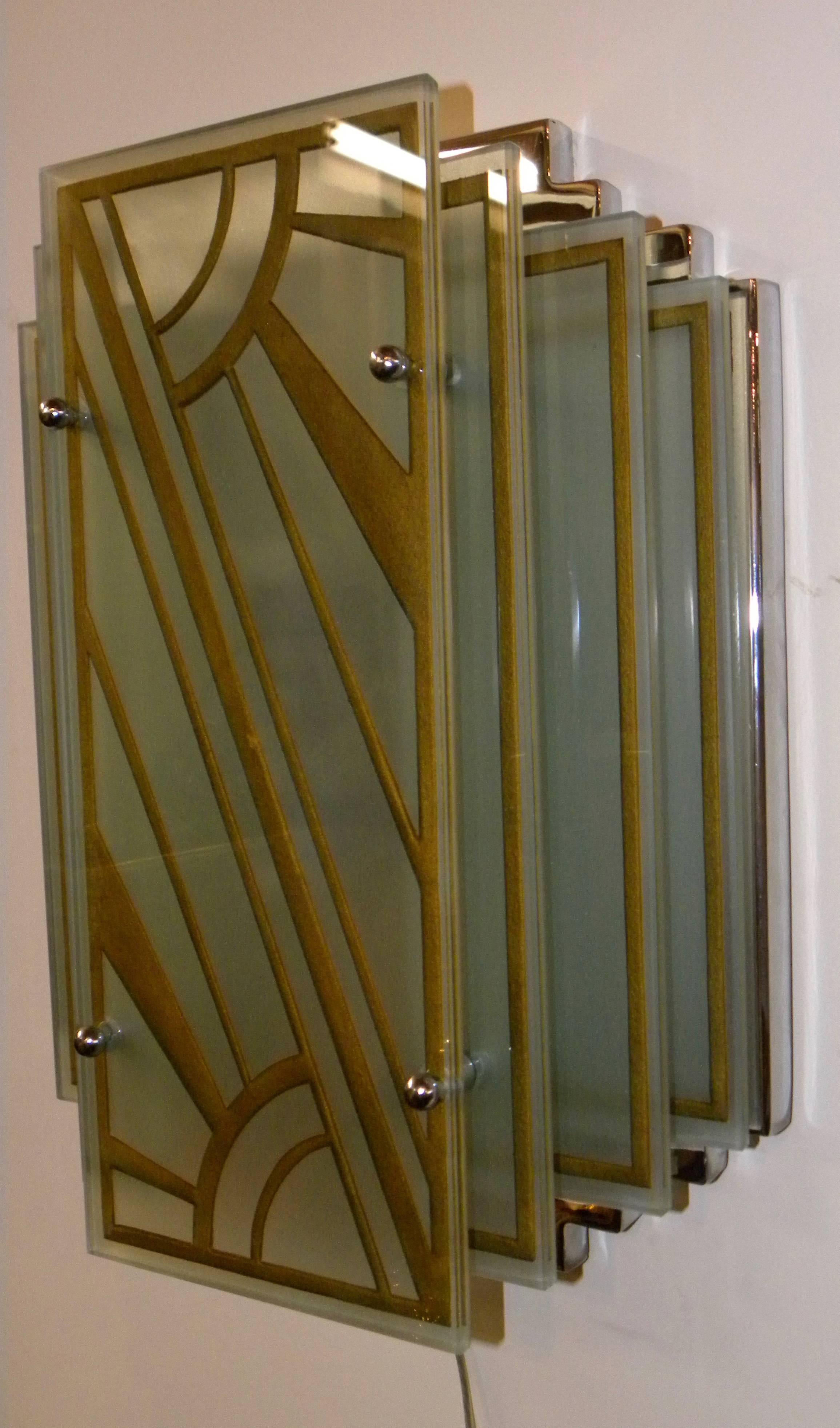 Custom Etched Glass Gold Stepped Modernist Art Deco Light 1