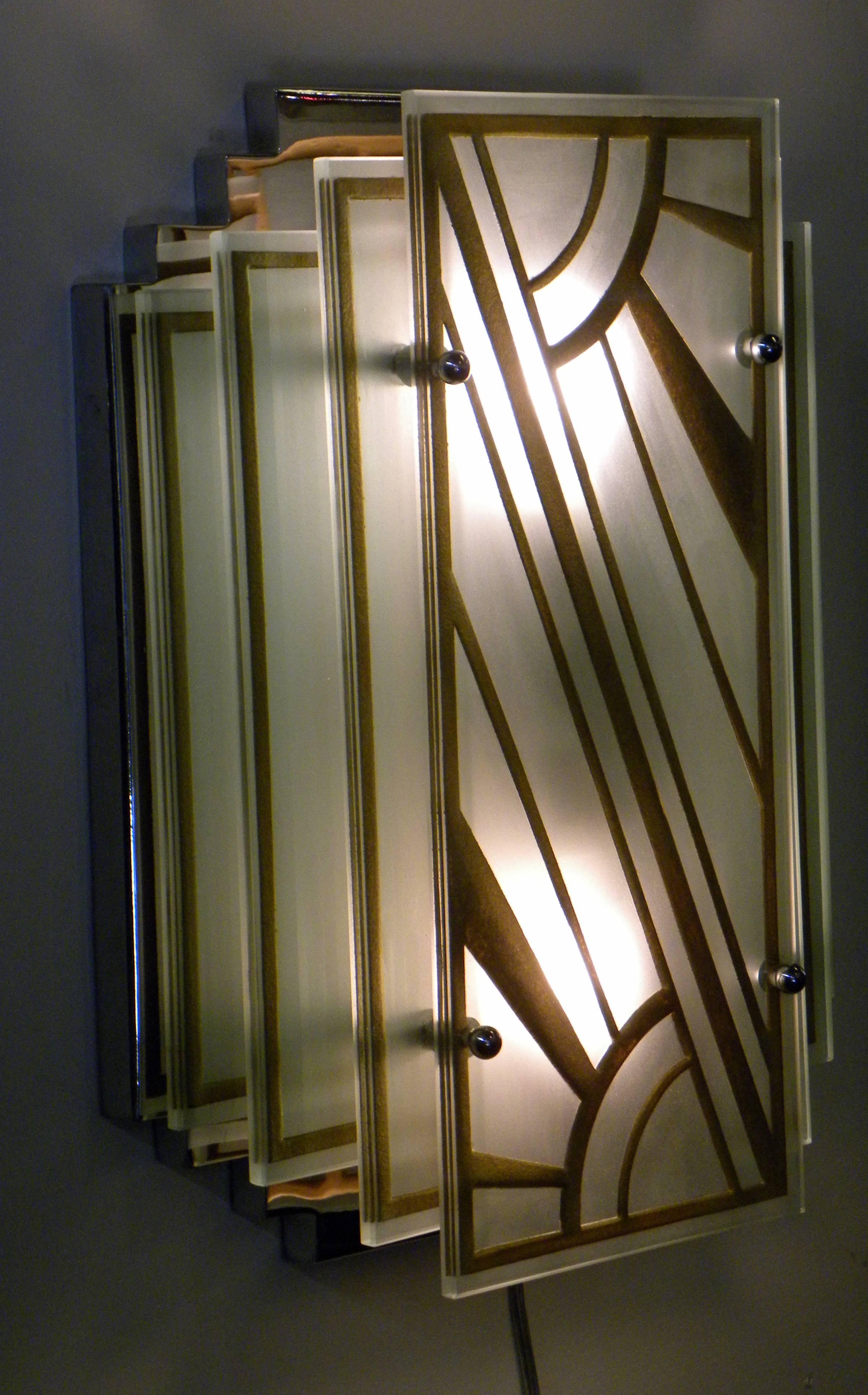 Custom Etched Glass Gold Stepped Modernist Art Deco Light 2