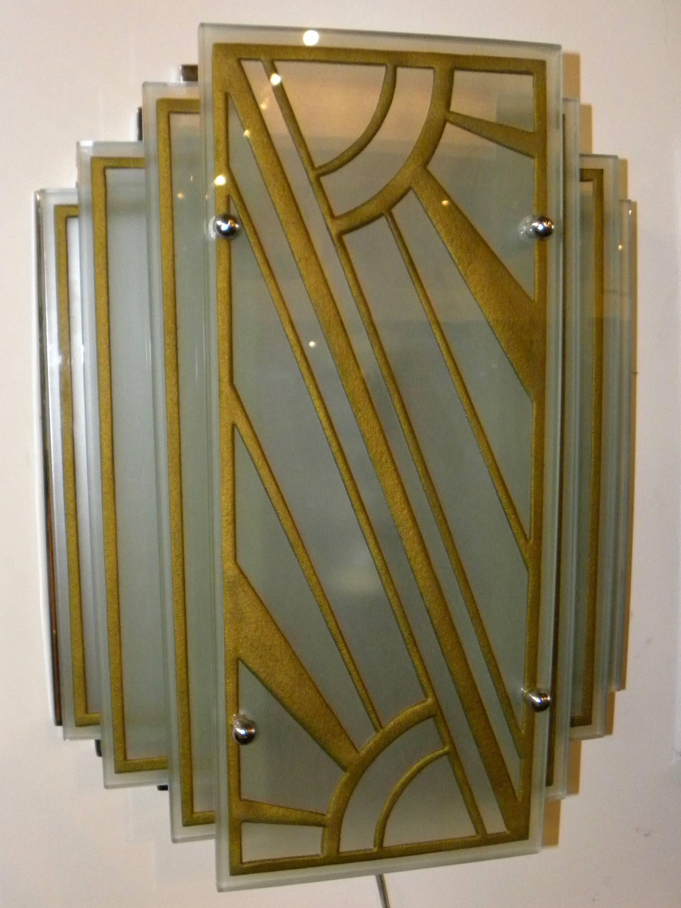 Custom Etched Glass Gold Stepped Modernist Art Deco Light 3