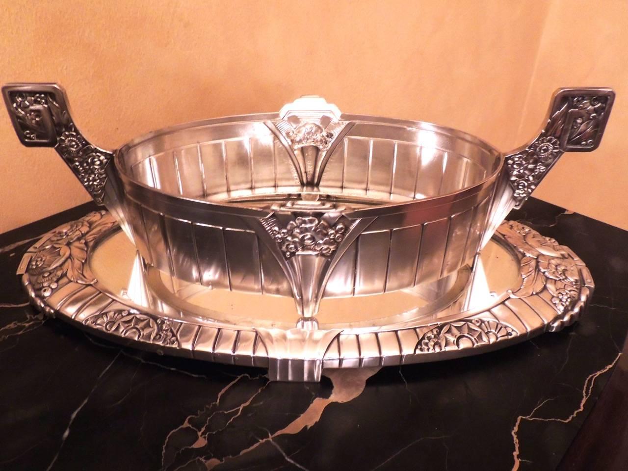Glass French Silver Art Deco Centerpiece and Mirrored Tray