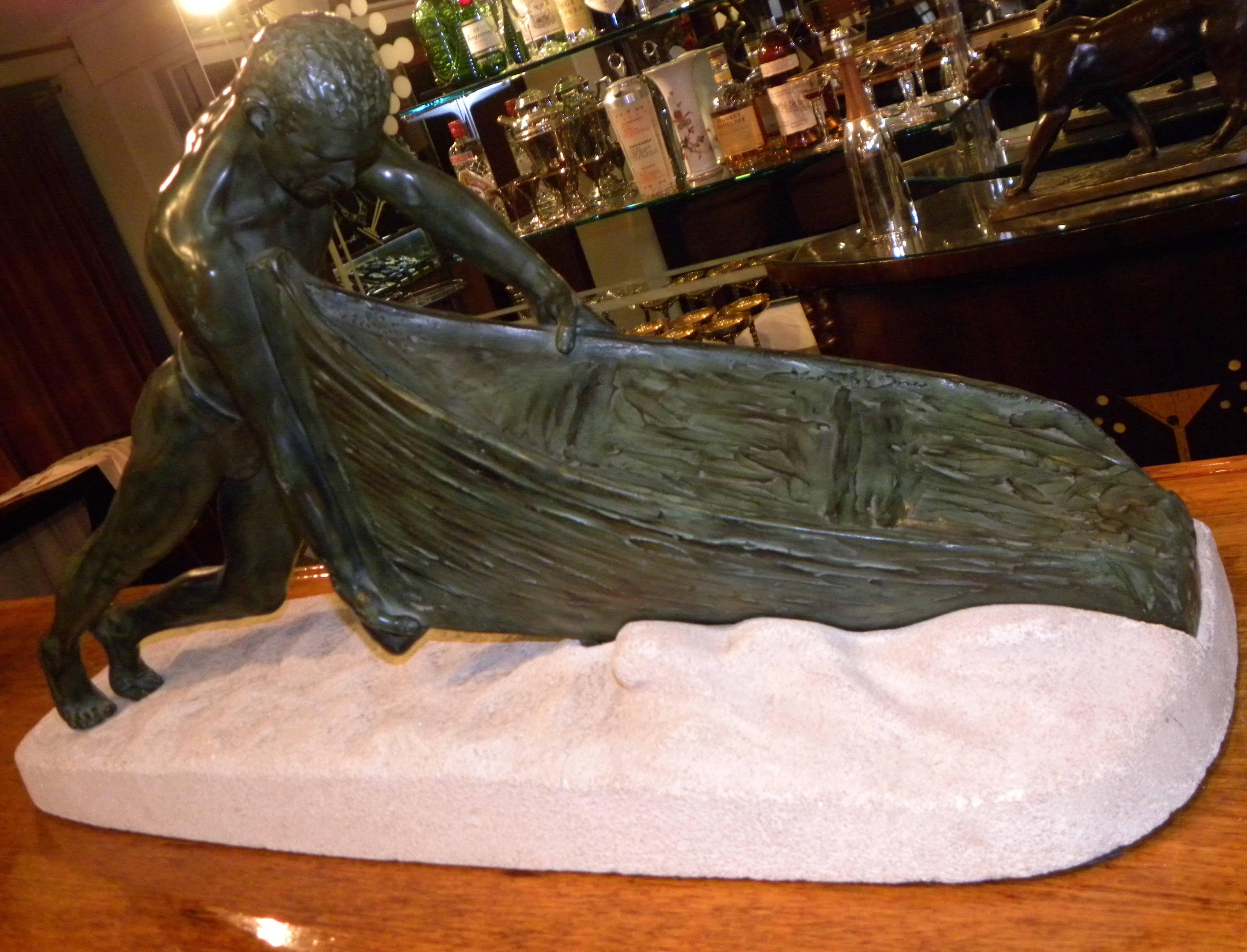 Bronze Art Deco Sculpture of Man with Boat by Le Verrier